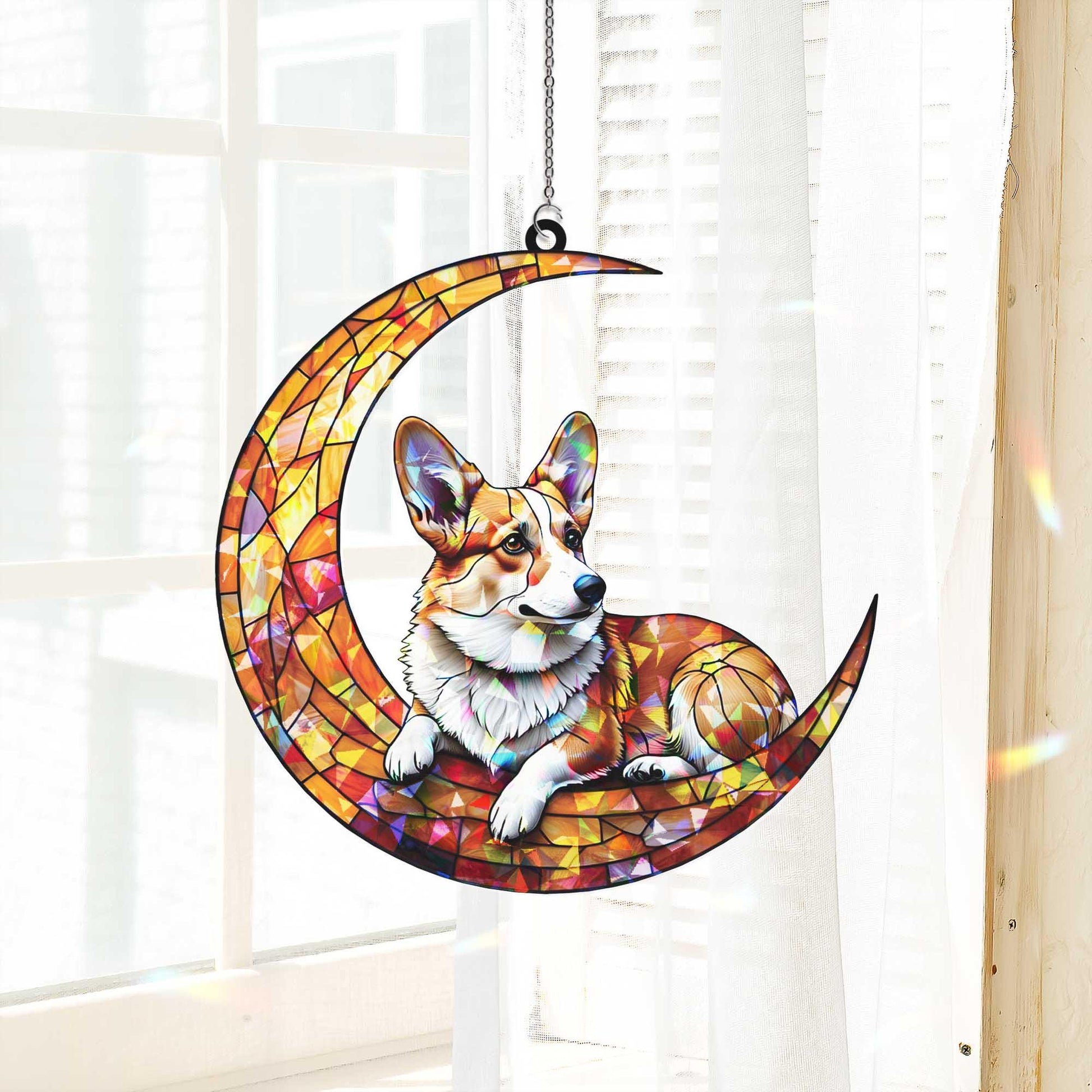 Crescent Moon Corgi Dog Hologram Window Hanging | Dog Stained Glass Art Suncatcher | Cute Pet Lover Decor for Home, Office or Nursery