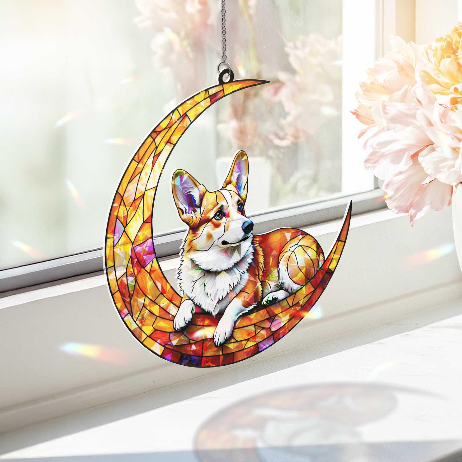 Crescent Moon Corgi Dog Hologram Window Hanging | Dog Stained Glass Art Suncatcher | Cute Pet Lover Decor for Home, Office or Nursery
