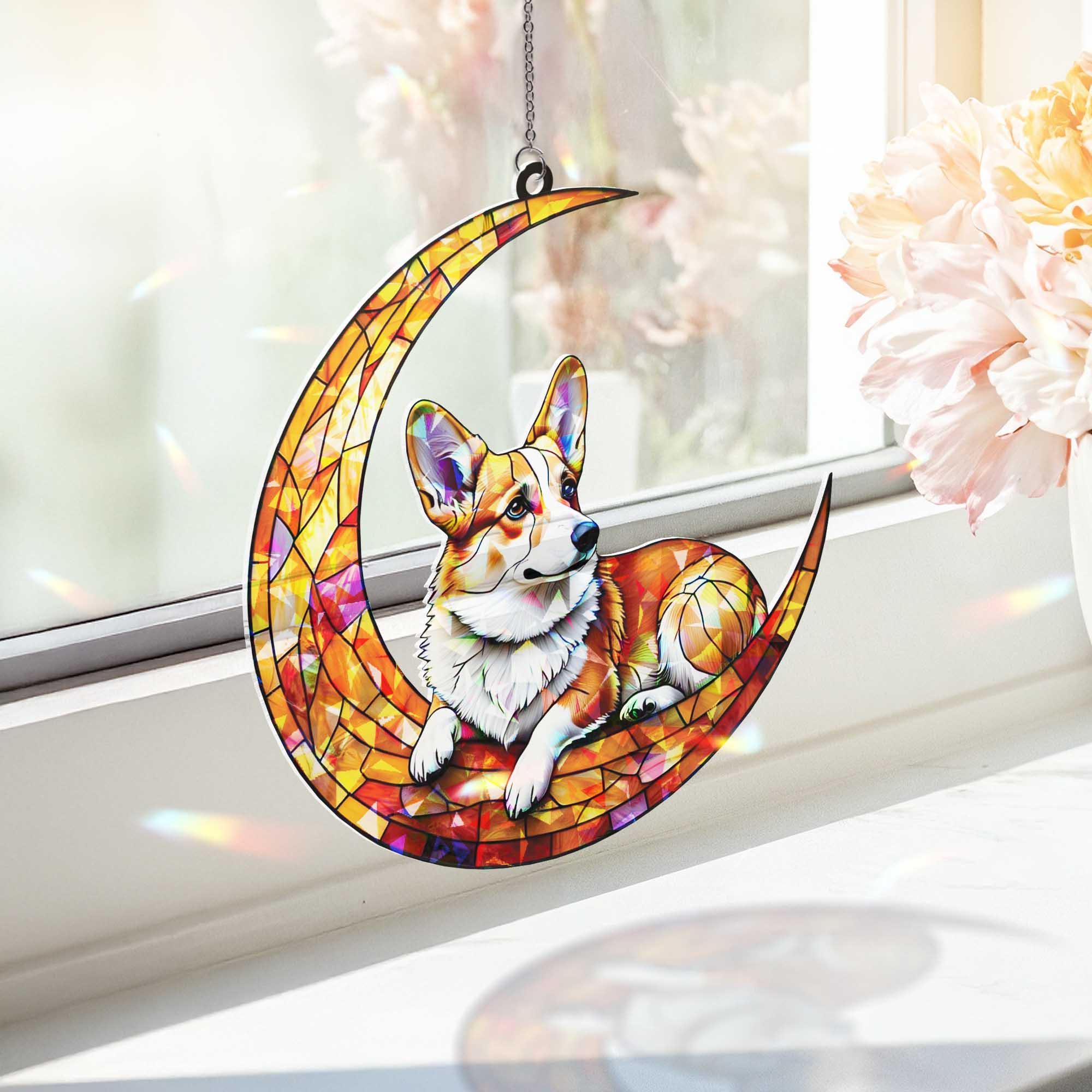 Crescent Moon Corgi Dog Hologram Window Hanging | Dog Stained Glass Art Suncatcher | Cute Pet Lover Decor for Home, Office or Nursery