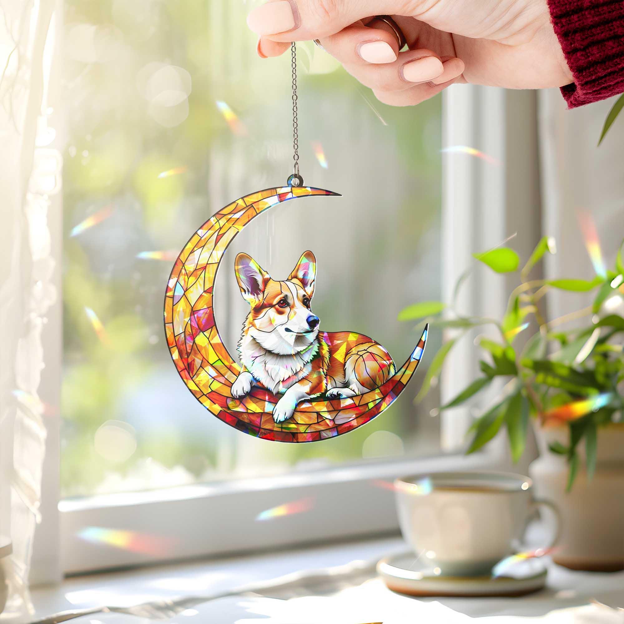 Crescent Moon Corgi Dog Hologram Window Hanging | Dog Stained Glass Art Suncatcher | Cute Pet Lover Decor for Home, Office or Nursery