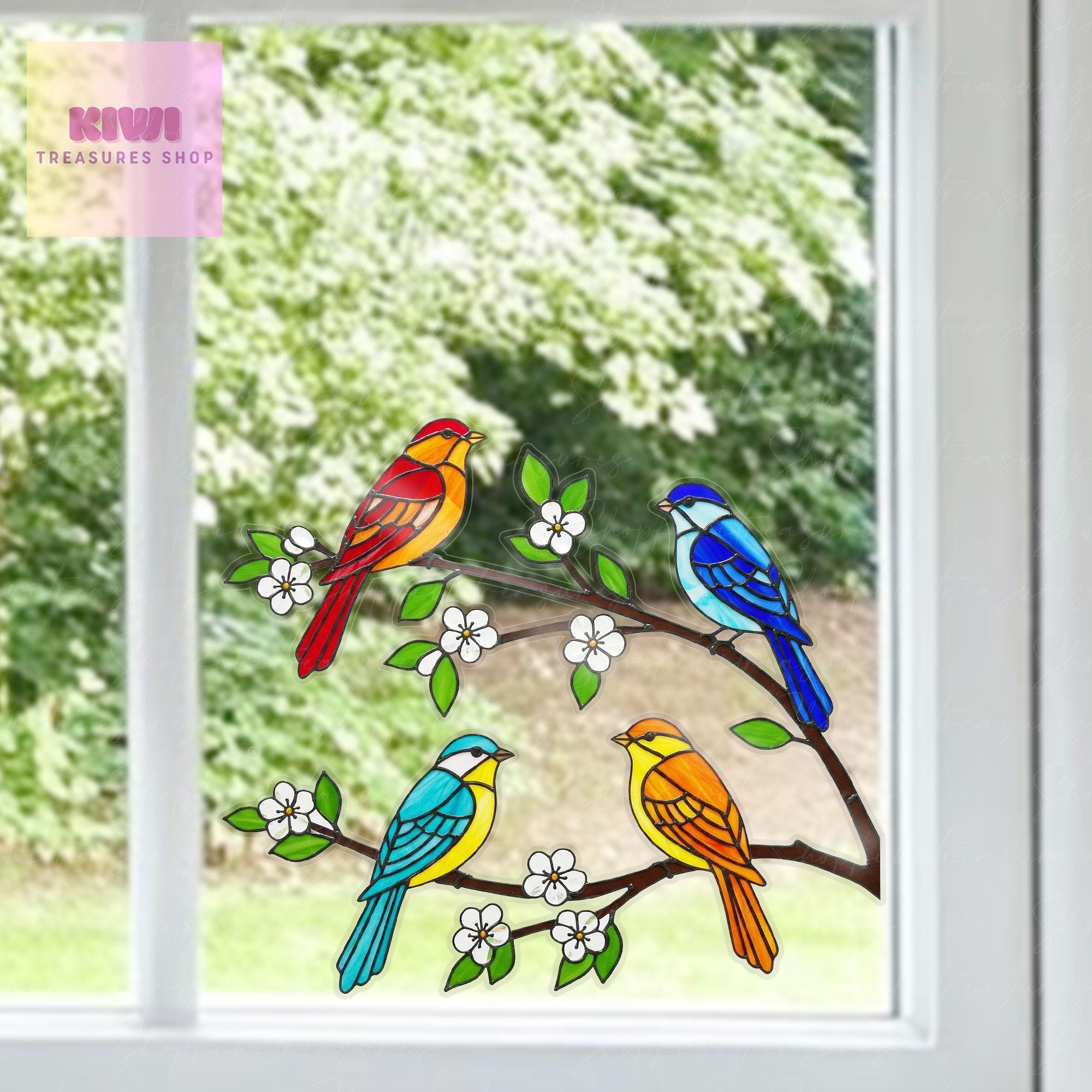 Colorful Birds on Branch Vinyl Decal | Nature Window Sticker | Bird Lover Decor | Flower and Bird Window Art | Colorful Wall Decal