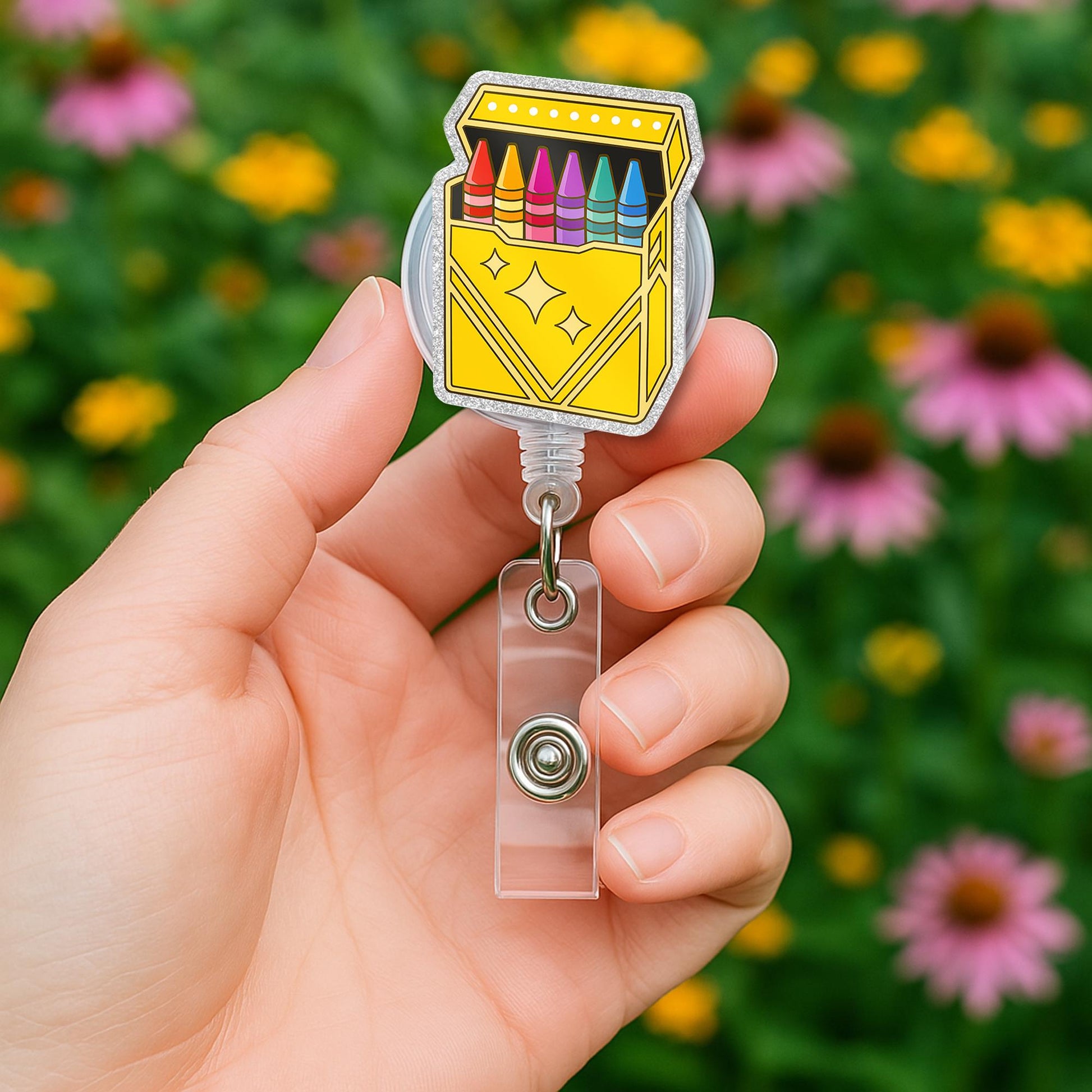 Crayon Box Badge Reel | Colorful Teacher ID Clip for Back to School | Cute Retractable Name Badge Holder for Educators & Artists