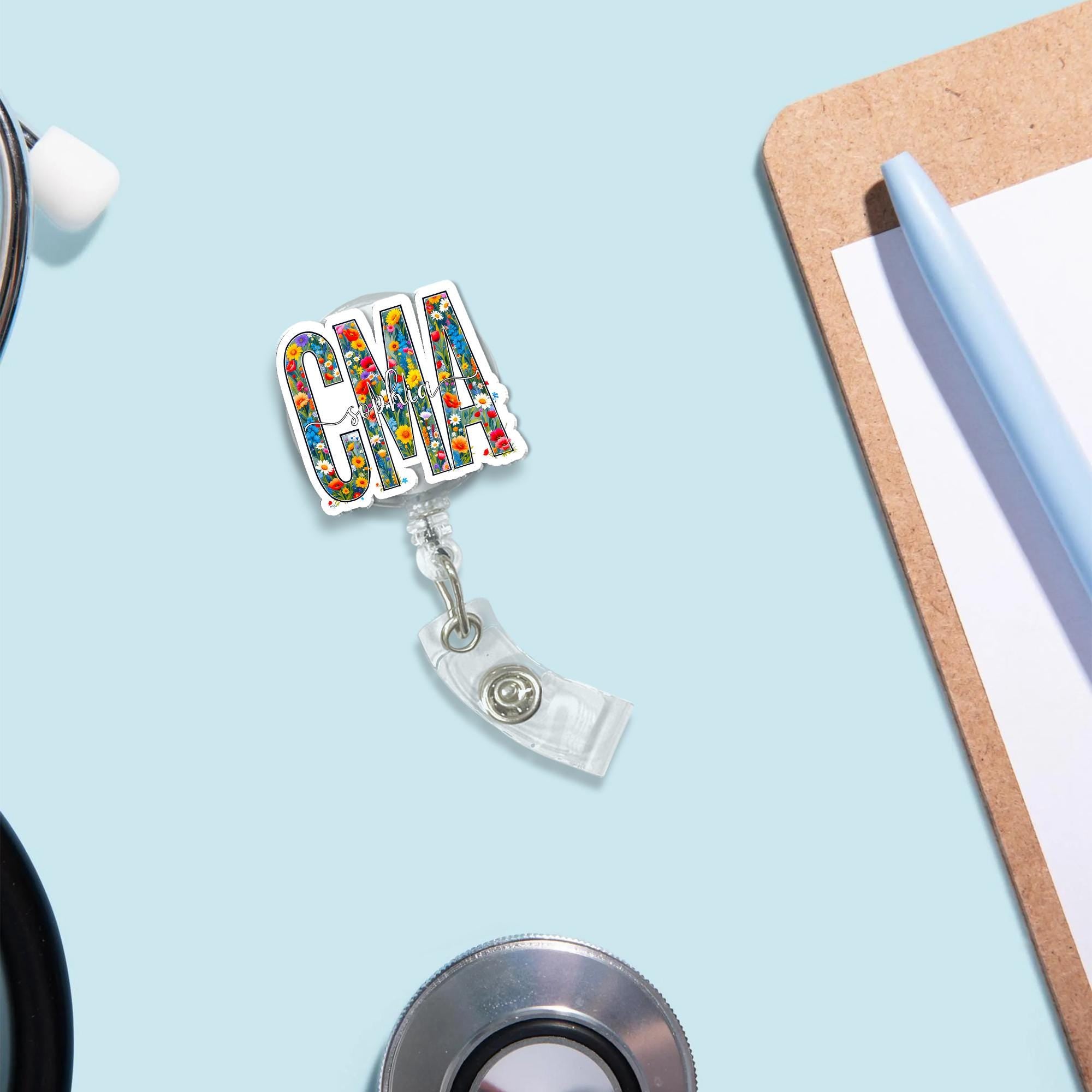 Personalized CMA Badge Reel, Floral Medical Assistant ID Holder, Custom Name Nurse Badge, Retractable Lanyard, Flower Design Gift