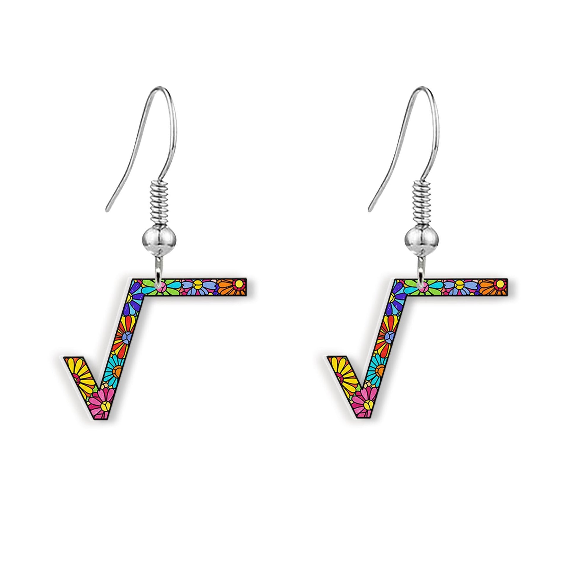 Colorful Square Root Earrings, Math Teacher Jewelry, Funny Math Gift, Flower Pattern Dangle Earrings, Geeky Teacher Accessory
