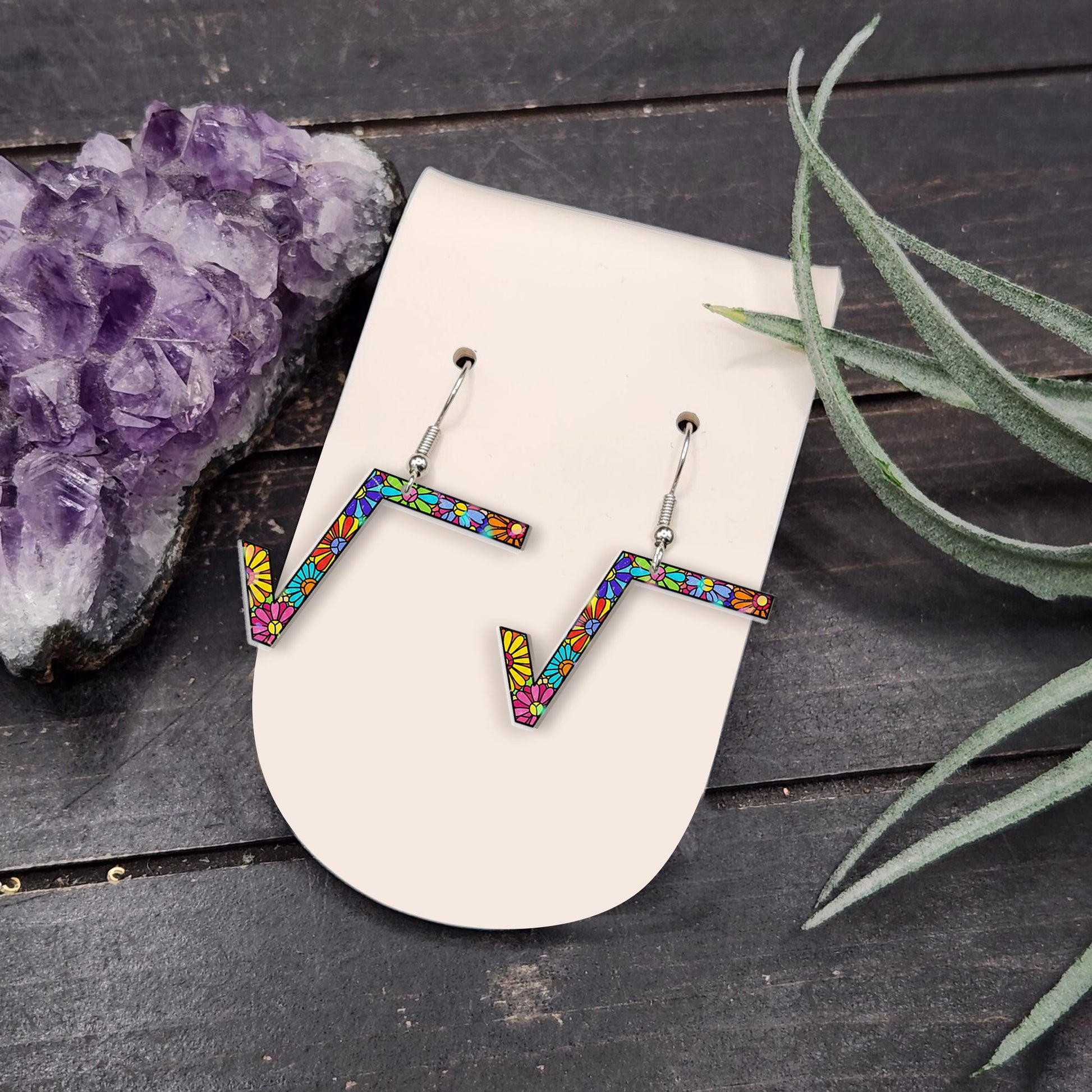 Colorful Square Root Earrings, Math Teacher Jewelry, Funny Math Gift, Flower Pattern Dangle Earrings, Geeky Teacher Accessory