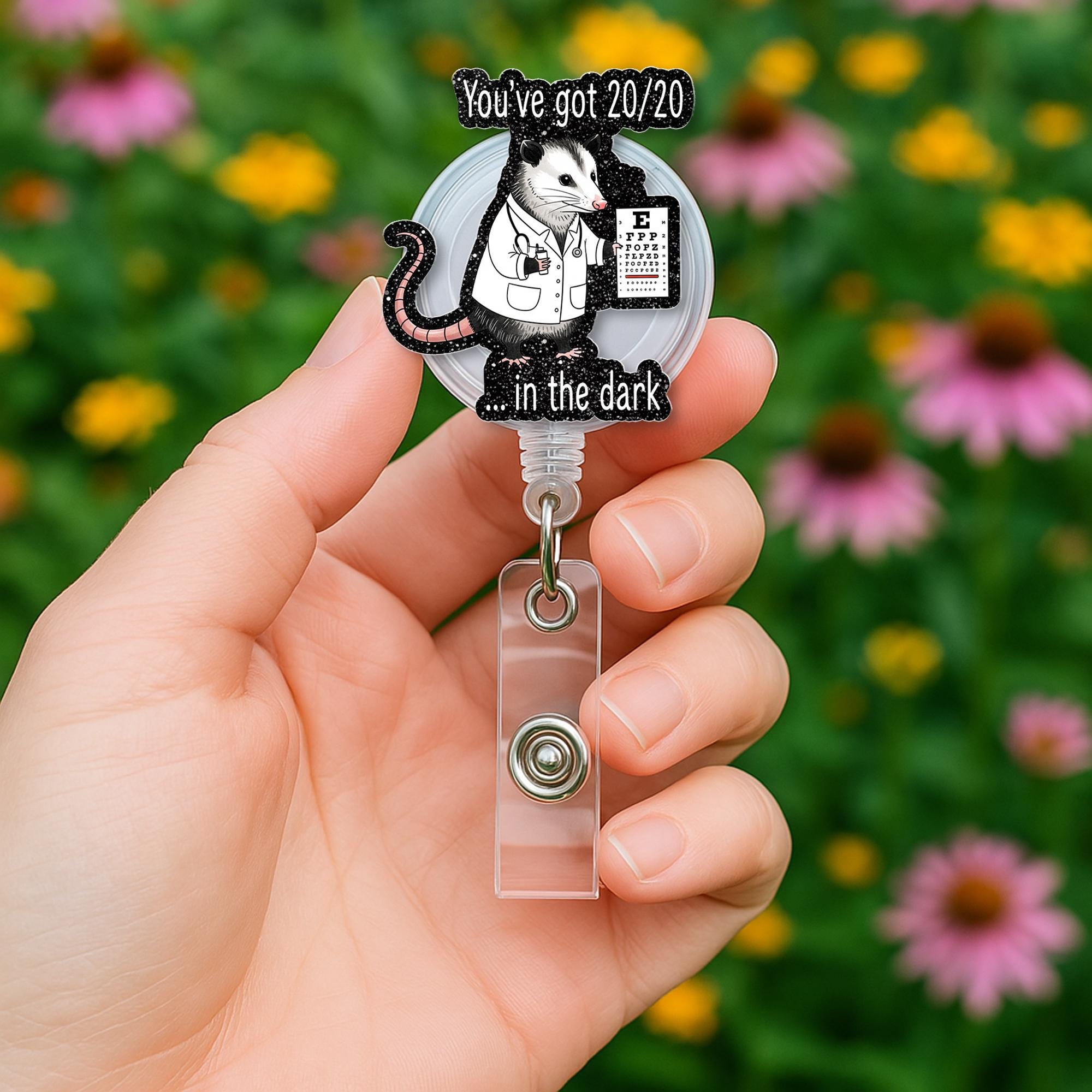 Funny Possum Badge Reel, 20/20 In the Dark ID Holder, Optometry Pun Badge Clip, Eye Doctor Gift, Cute Animal Work Accessory