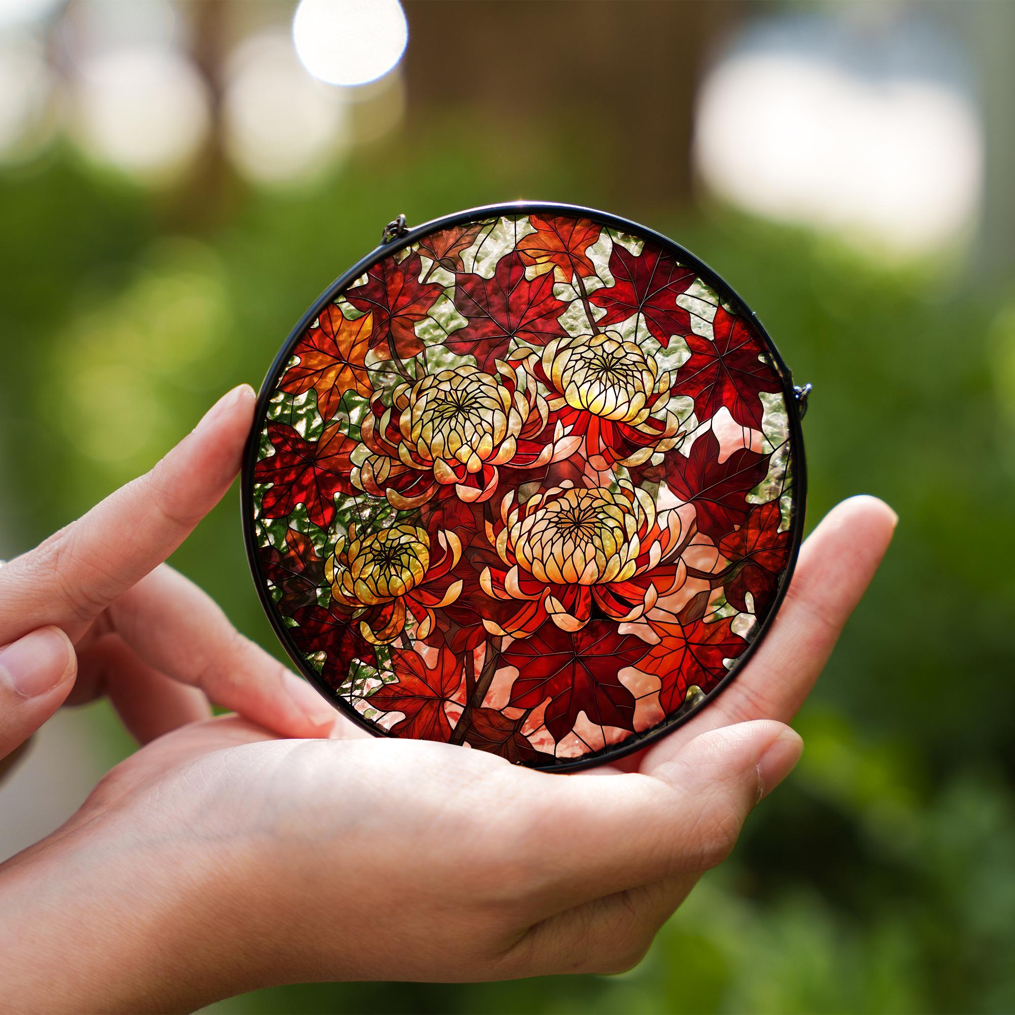 Chrysanthemum Glass Suncatcher – Autumn Floral Window Hanging, Fall Leaves Glass Art Home Decor