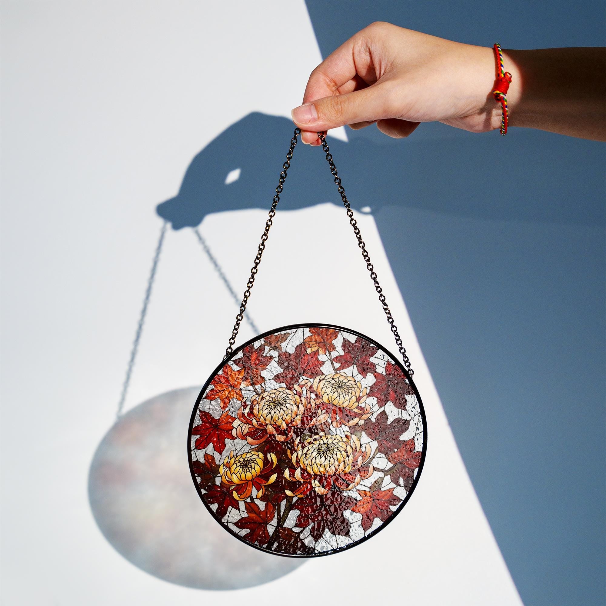Chrysanthemum Glass Suncatcher – Autumn Floral Window Hanging, Fall Leaves Glass Art Home Decor