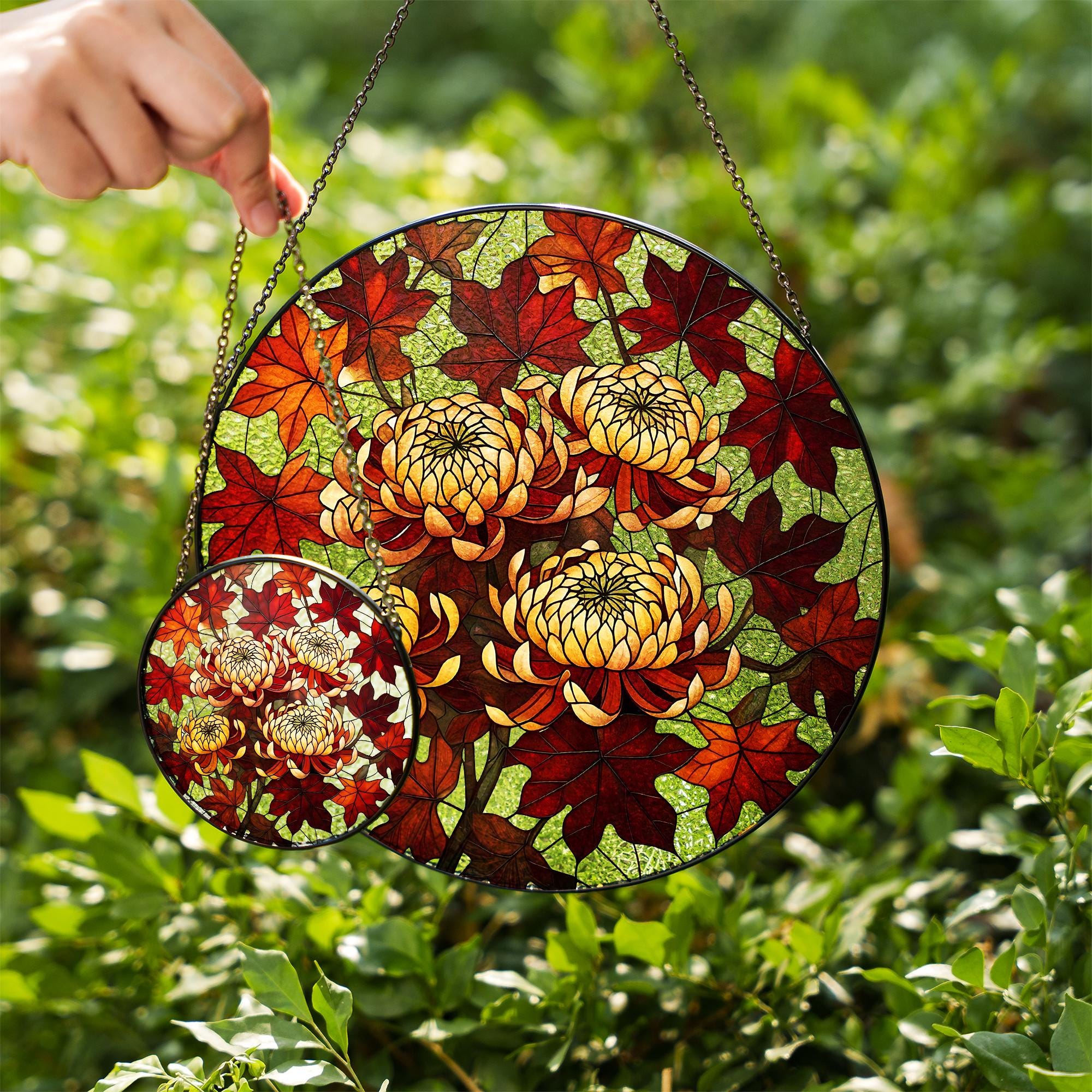 Chrysanthemum Glass Suncatcher – Autumn Floral Window Hanging, Fall Leaves Glass Art Home Decor