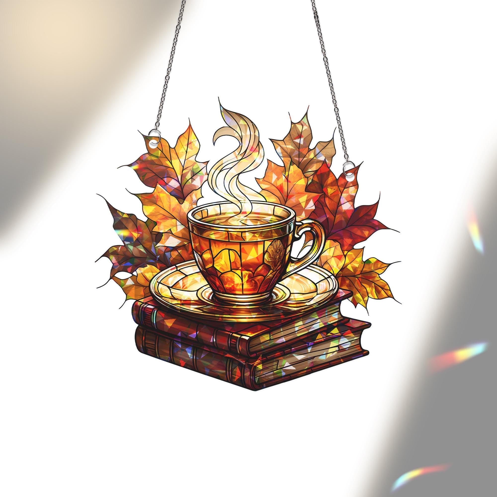 Cozy Fall Acrylic Window Hanging | Autumn Tea Cup and Books Suncatcher | Fall Leaves Window Decor | Warm Seasonal Home Accent Gift