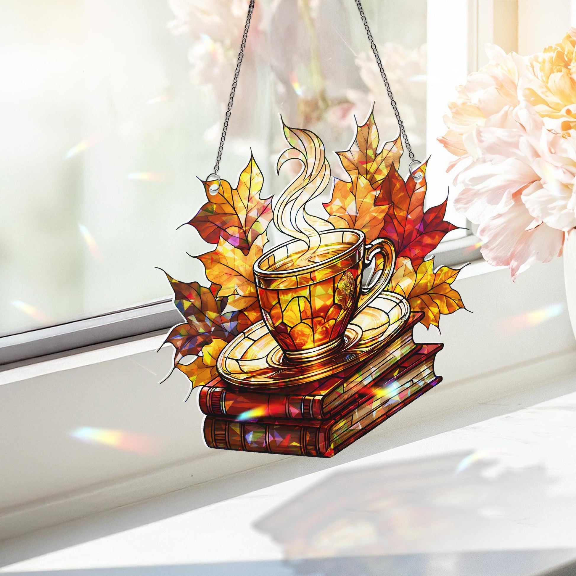 Cozy Fall Acrylic Window Hanging | Autumn Tea Cup and Books Suncatcher | Fall Leaves Window Decor | Warm Seasonal Home Accent Gift