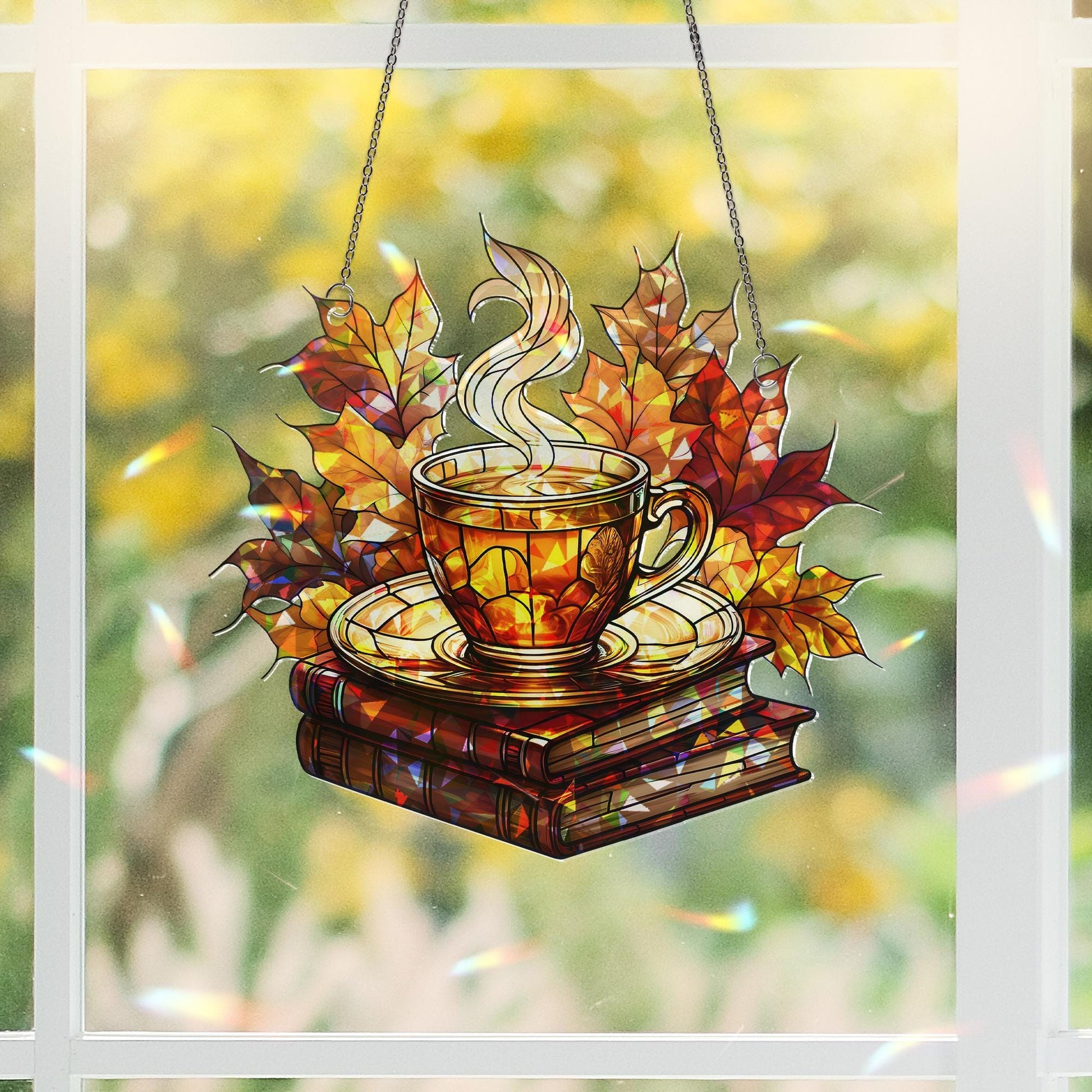 Cozy Fall Acrylic Window Hanging | Autumn Tea Cup and Books Suncatcher | Fall Leaves Window Decor | Warm Seasonal Home Accent Gift
