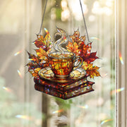Cozy Fall Acrylic Window Hanging | Autumn Tea Cup and Books Suncatcher | Fall Leaves Window Decor | Warm Seasonal Home Accent Gift