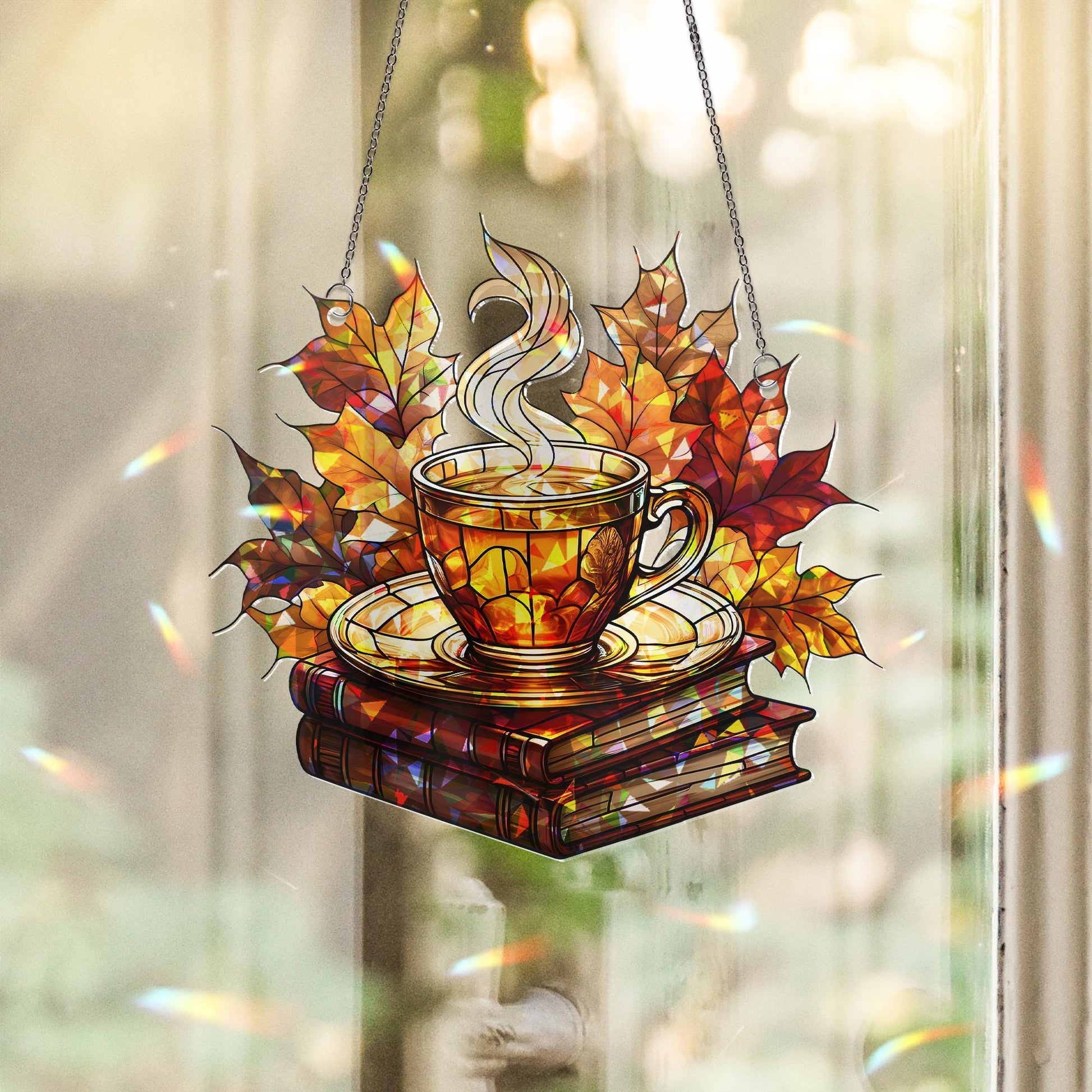 Cozy Fall Acrylic Window Hanging | Autumn Tea Cup and Books Suncatcher | Fall Leaves Window Decor | Warm Seasonal Home Accent Gift