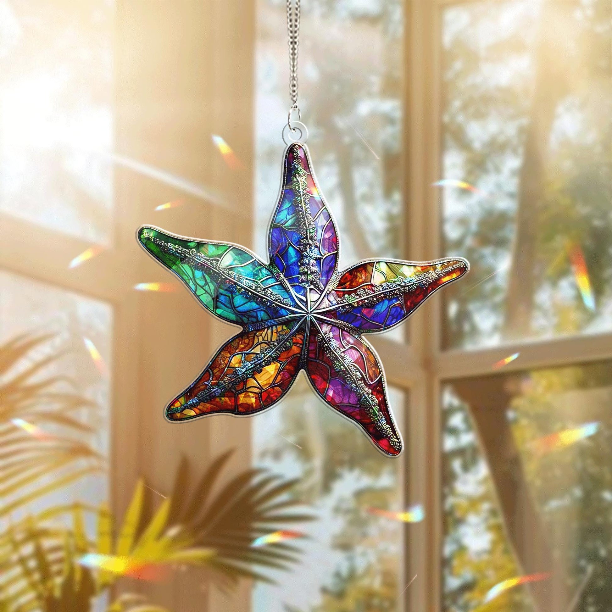 Colorful Starfish Acrylic Window Hanging | Summer Ocean Beach Decor | Vibrant Stained Glass Style Suncatcher Gift for Coastal Lovers