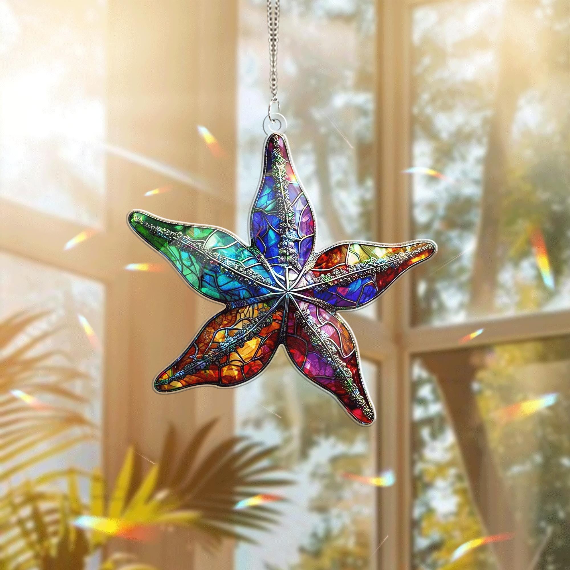Colorful Starfish Acrylic Window Hanging | Summer Ocean Beach Decor | Vibrant Stained Glass Style Suncatcher Gift for Coastal Lovers