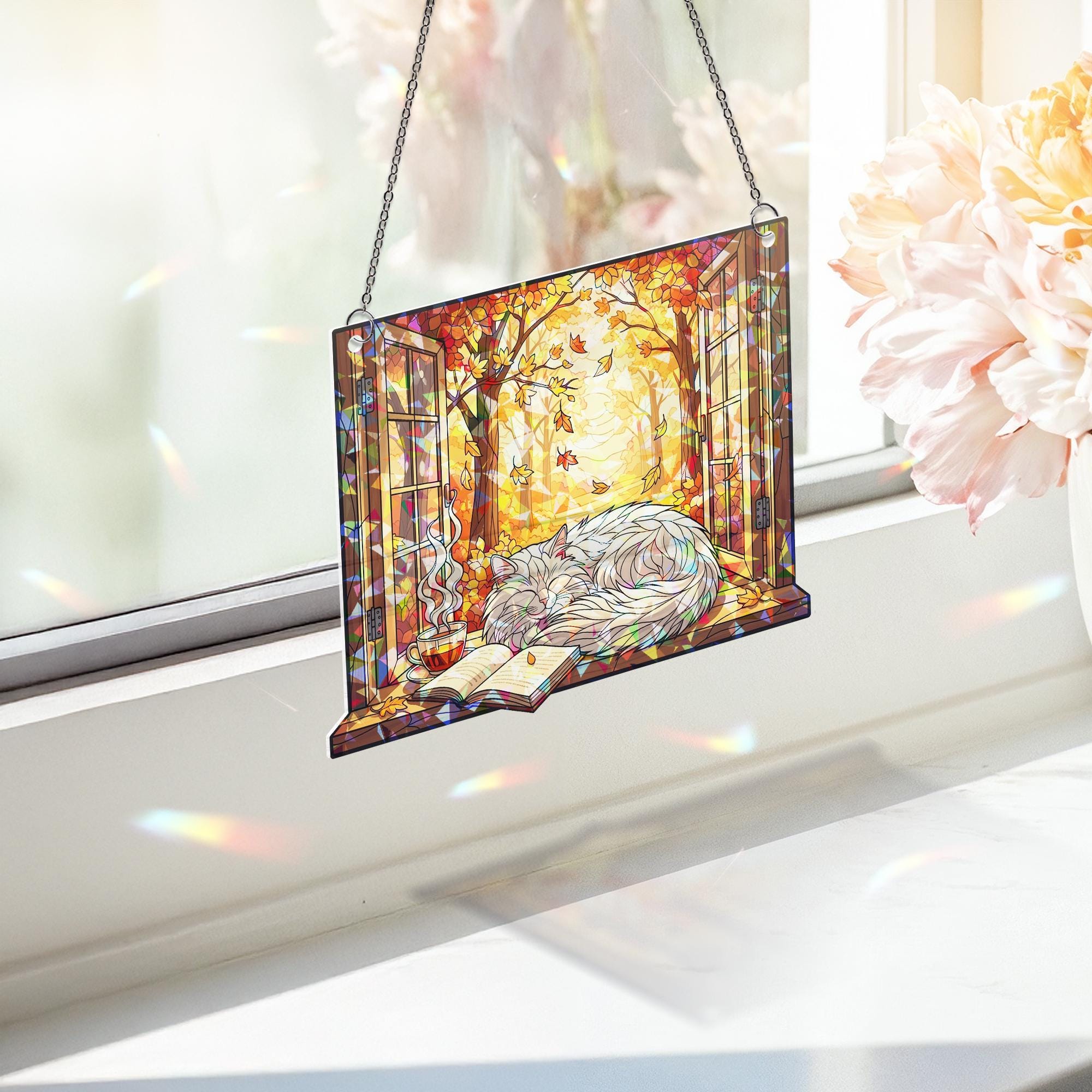 Cozy Autumn Cat Stained Glass Window Hanging – Fall Sun Catcher with Sleeping Cat, Book & Tea – Autumn Home Decor Gift
