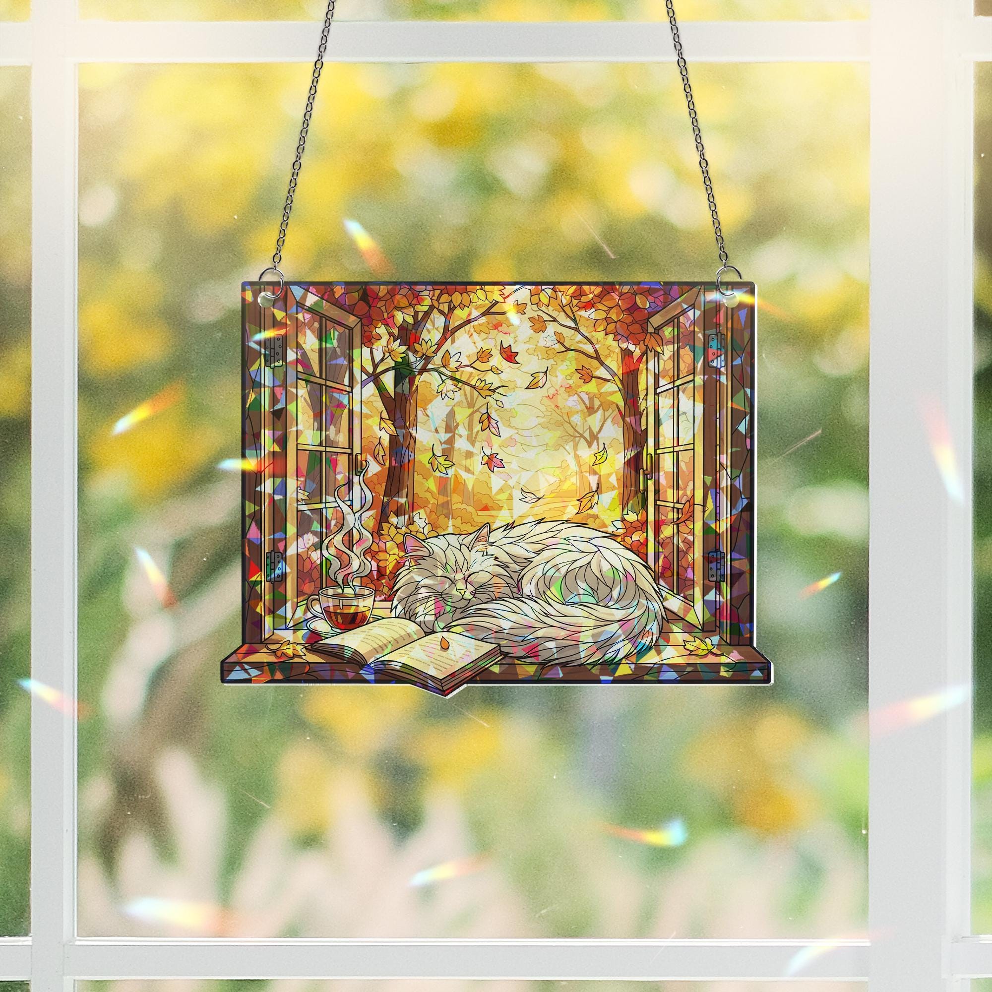 Cozy Autumn Cat Stained Glass Window Hanging – Fall Sun Catcher with Sleeping Cat, Book & Tea – Autumn Home Decor Gift
