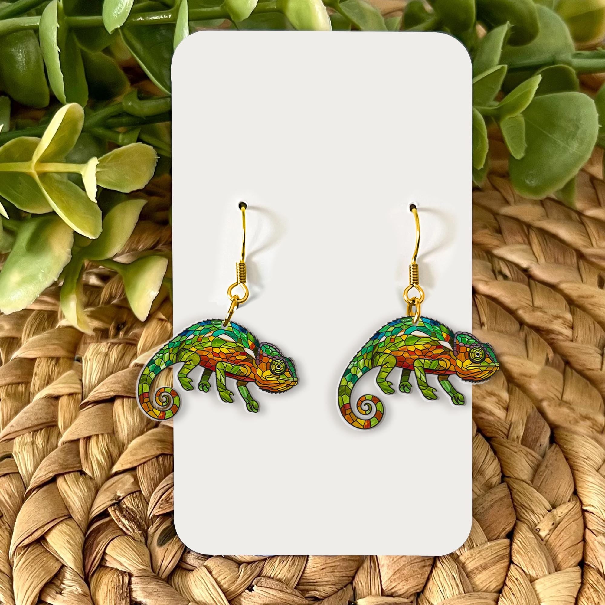 Colorful Chameleon Acrylic Earrings, Lizard Jewelry, Reptile Lover Gift, Fun Animal Dangle Earrings for Nature Fans, Tropical Gift For Mom