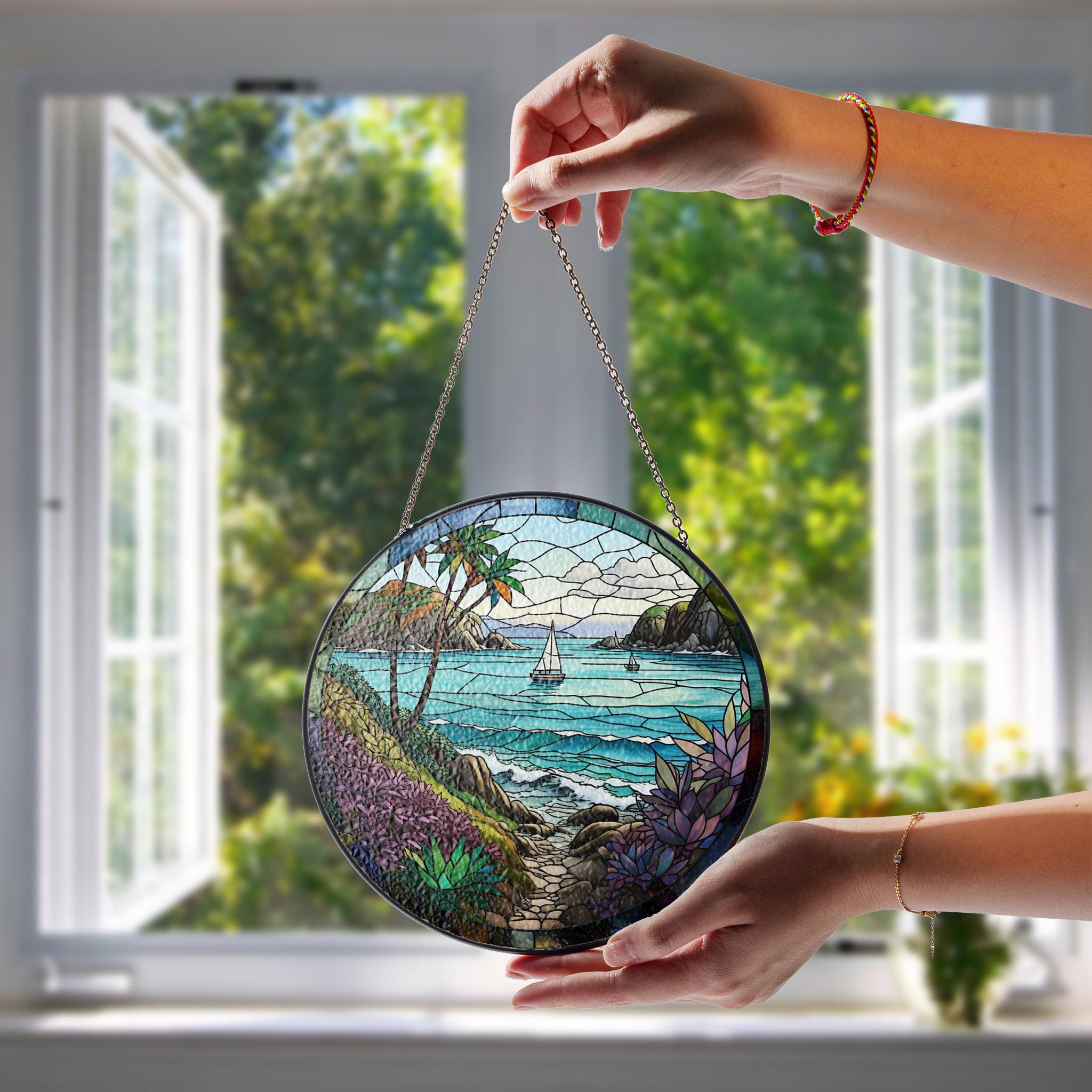 Coastal Scene Glass Suncatcher | Beach Ocean Window Hanging | Nautical Summer Decor | Sea Lover Gift | Handmade Coastal Art