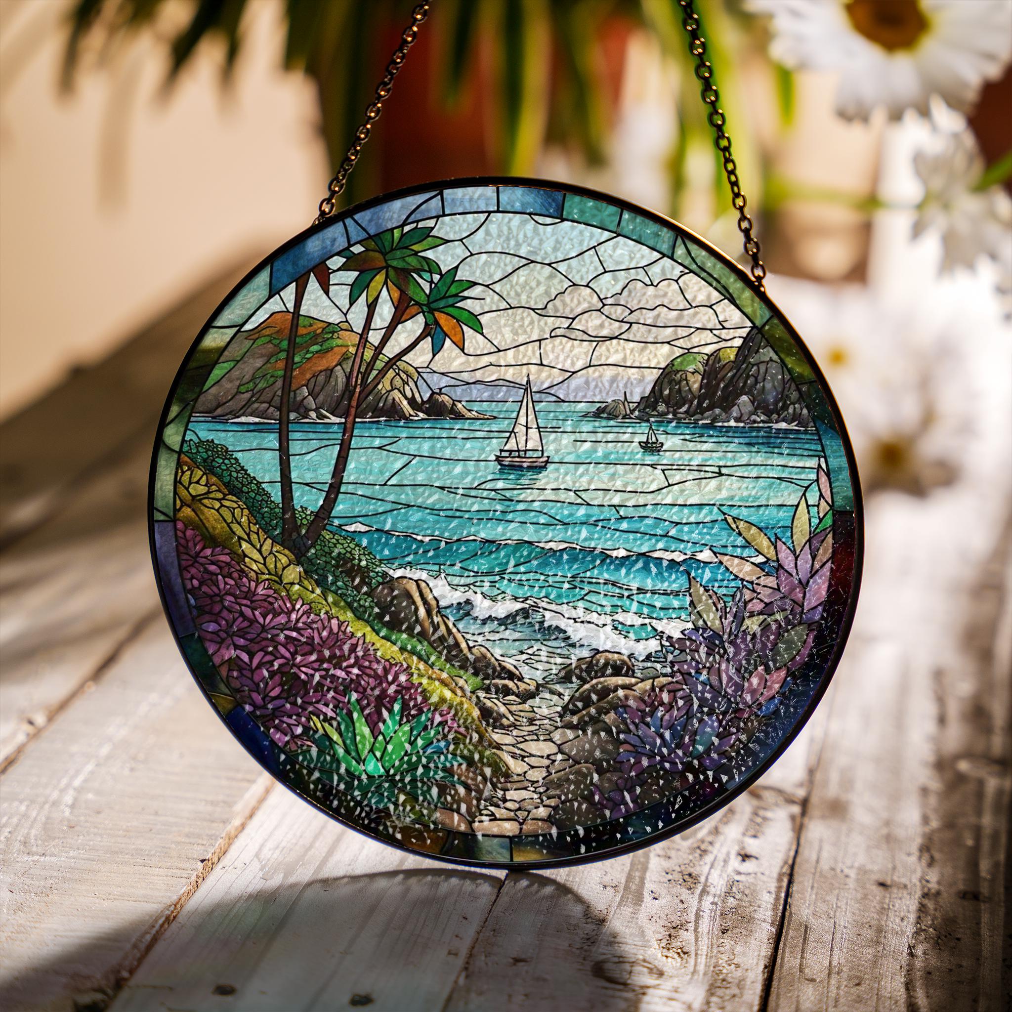 Coastal Scene Glass Suncatcher | Beach Ocean Window Hanging | Nautical Summer Decor | Sea Lover Gift | Handmade Coastal Art