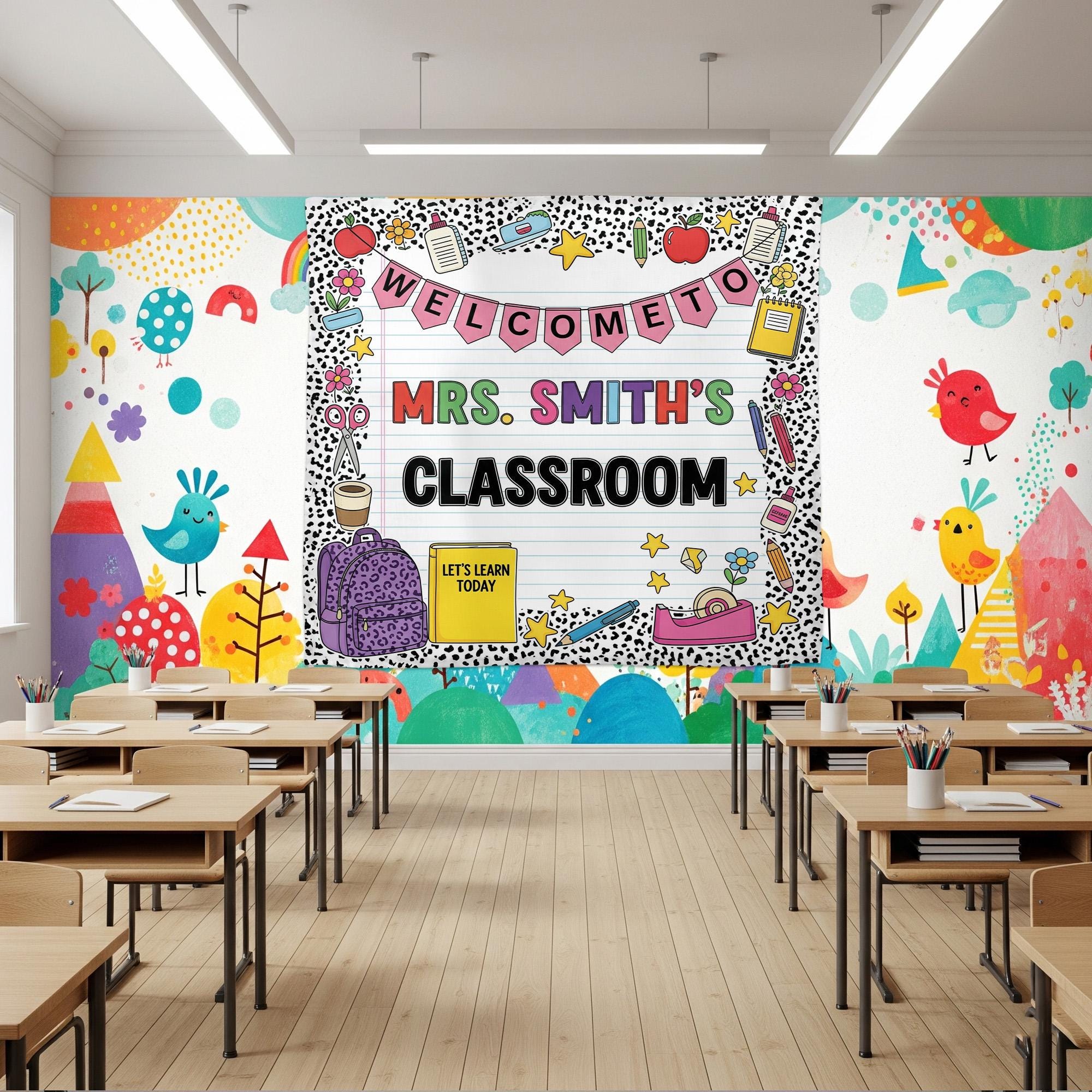Classroom Decor, Custom Composition Notebook Welcome Teachers Name Classroom Banner, Teacher Appreciation Gifts, Custom Classroom Tapestry