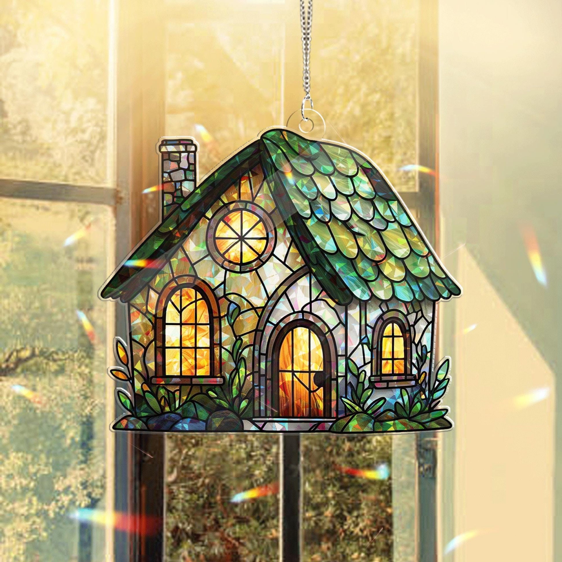 Cottage House Acrylic Window Hanging – Whimsical Stained Glass Style Home Decor, Sun Catcher Gift for Garden and Nature Lovers
