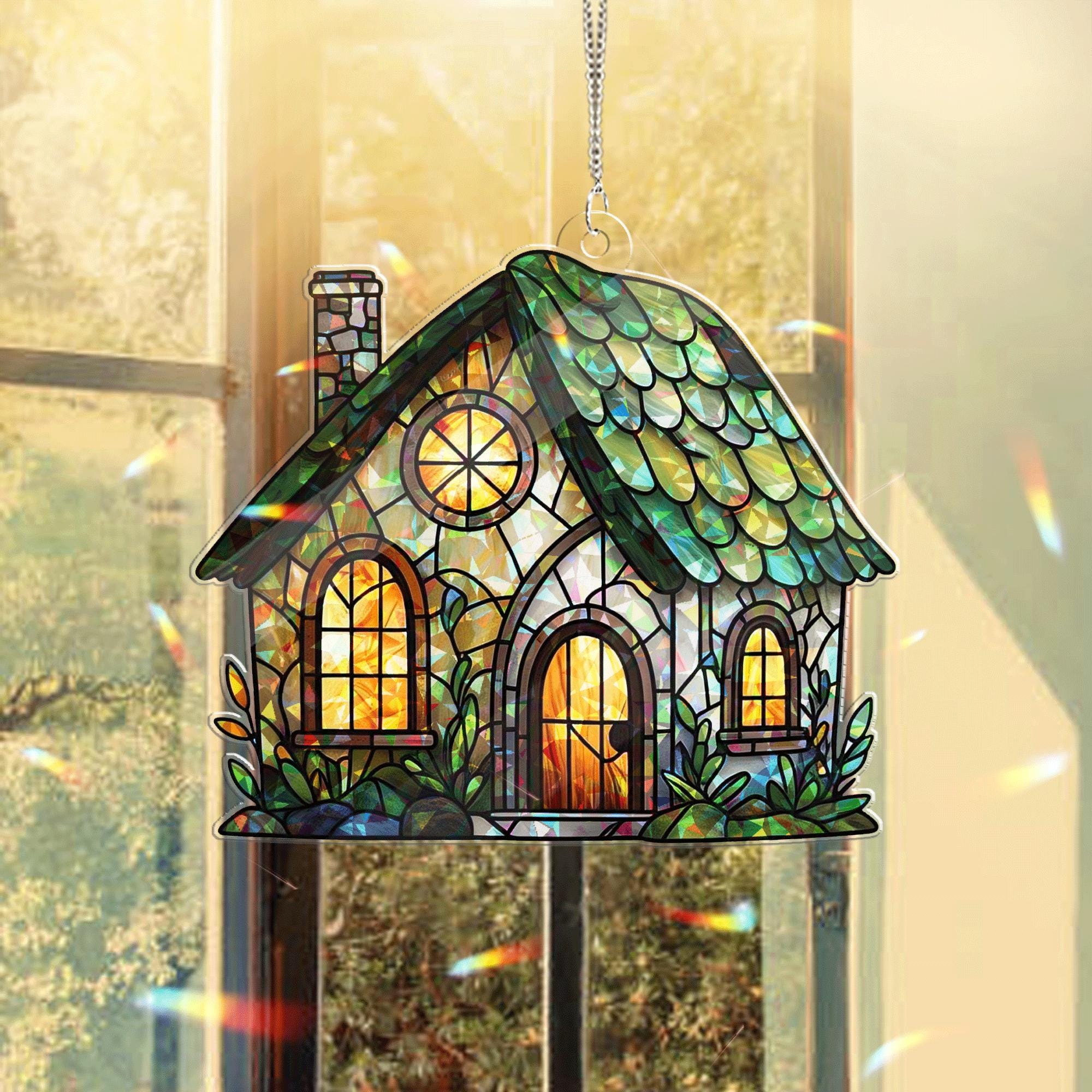 Cottage House Acrylic Window Hanging – Whimsical Stained Glass Style Home Decor, Sun Catcher Gift for Garden and Nature Lovers