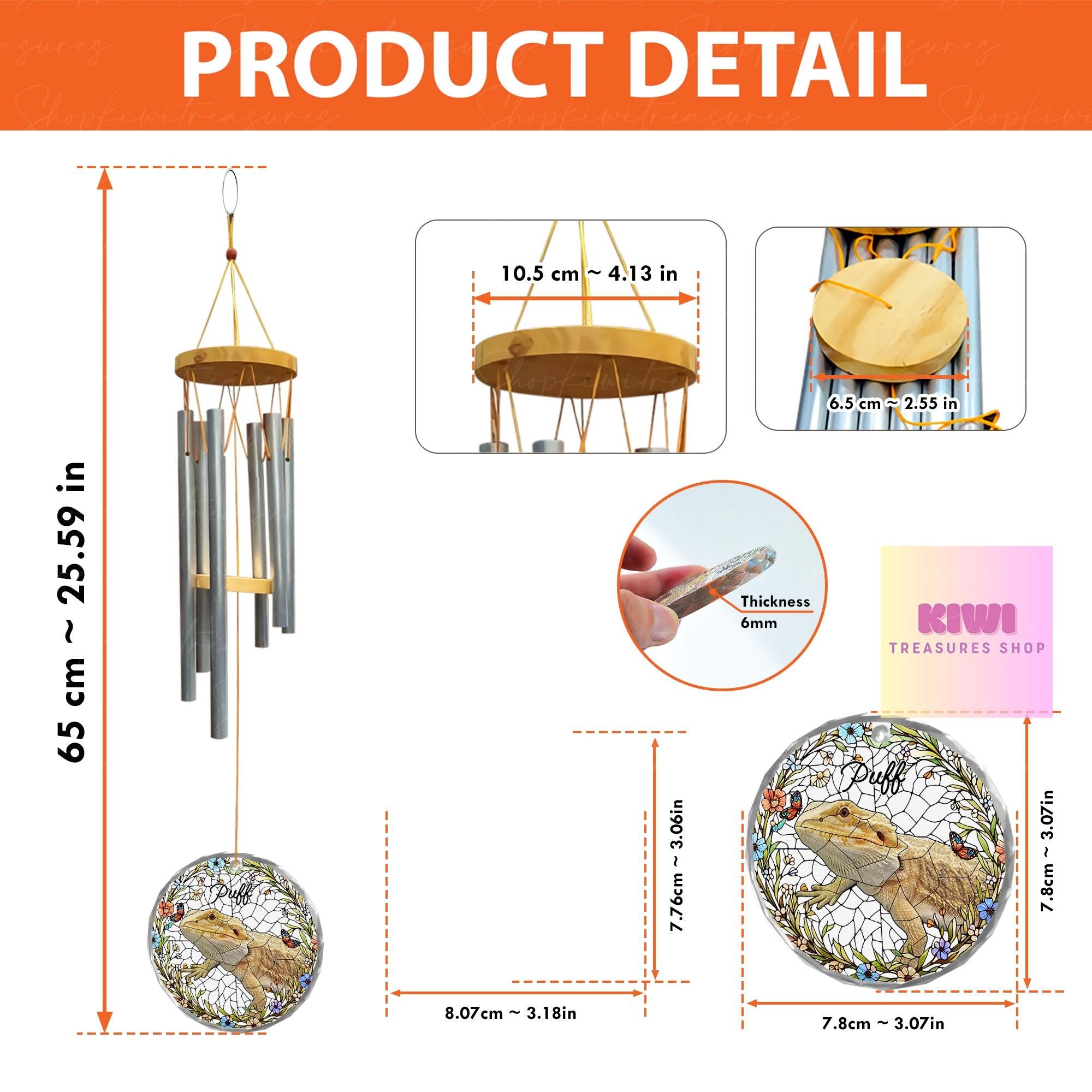 Custom Bearded Dragon Memorial Wind Chime | Personalized Pet Loss Gift | Reptile Remembrance Sun Catcher | Puff Tribute Keepsake