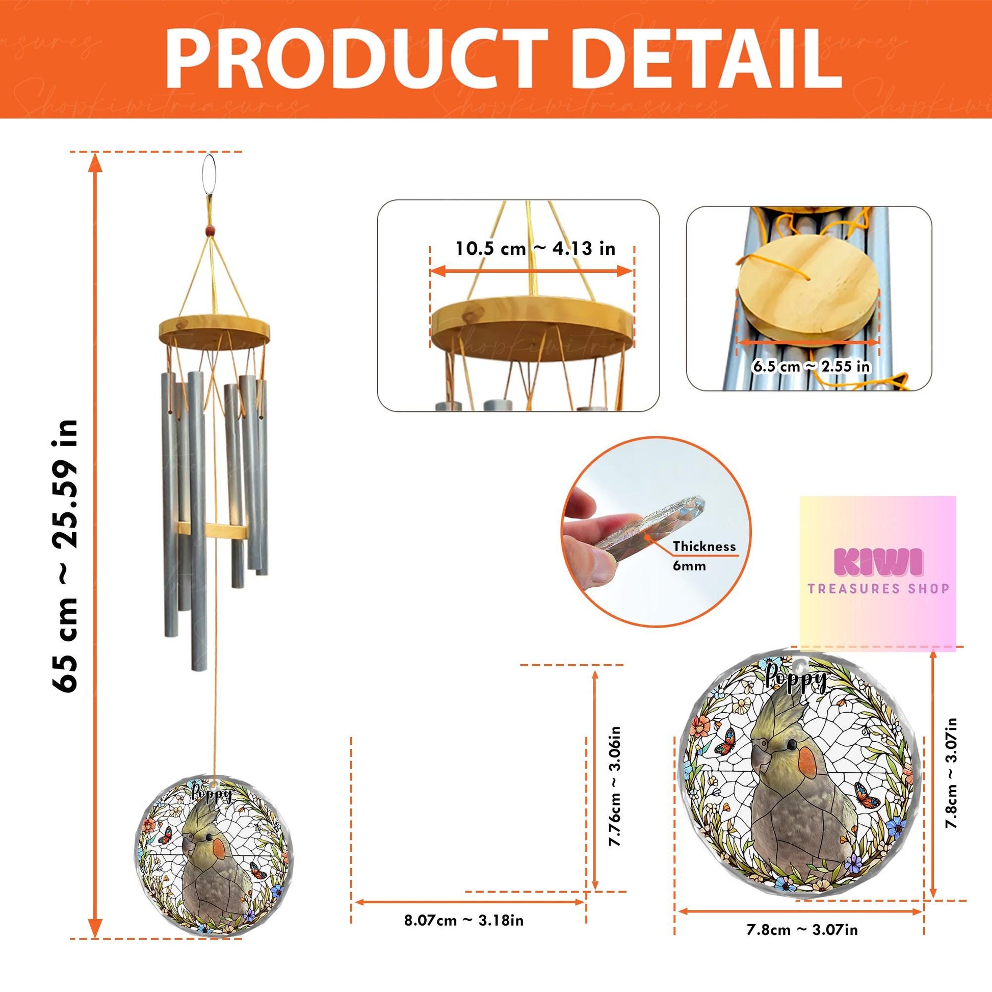 Custom Cockatiel Memorial Wind Chime | Personalized Pet Loss Gift for Bird Lovers | Rainbow Bridge Tribute | Parrot Remembrance Art