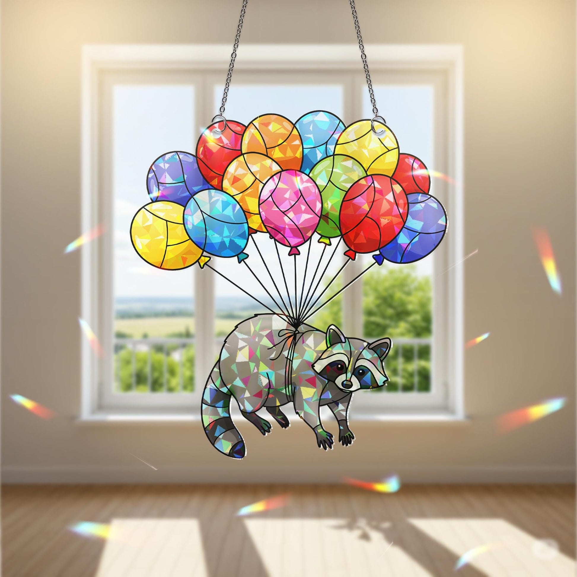 Colorful Raccoon Balloon Suncatcher, Holographic Acrylic Window Hanging, Stained Glass Look Animal Decor, Cute Raccoon Gift, Raccoon Lover