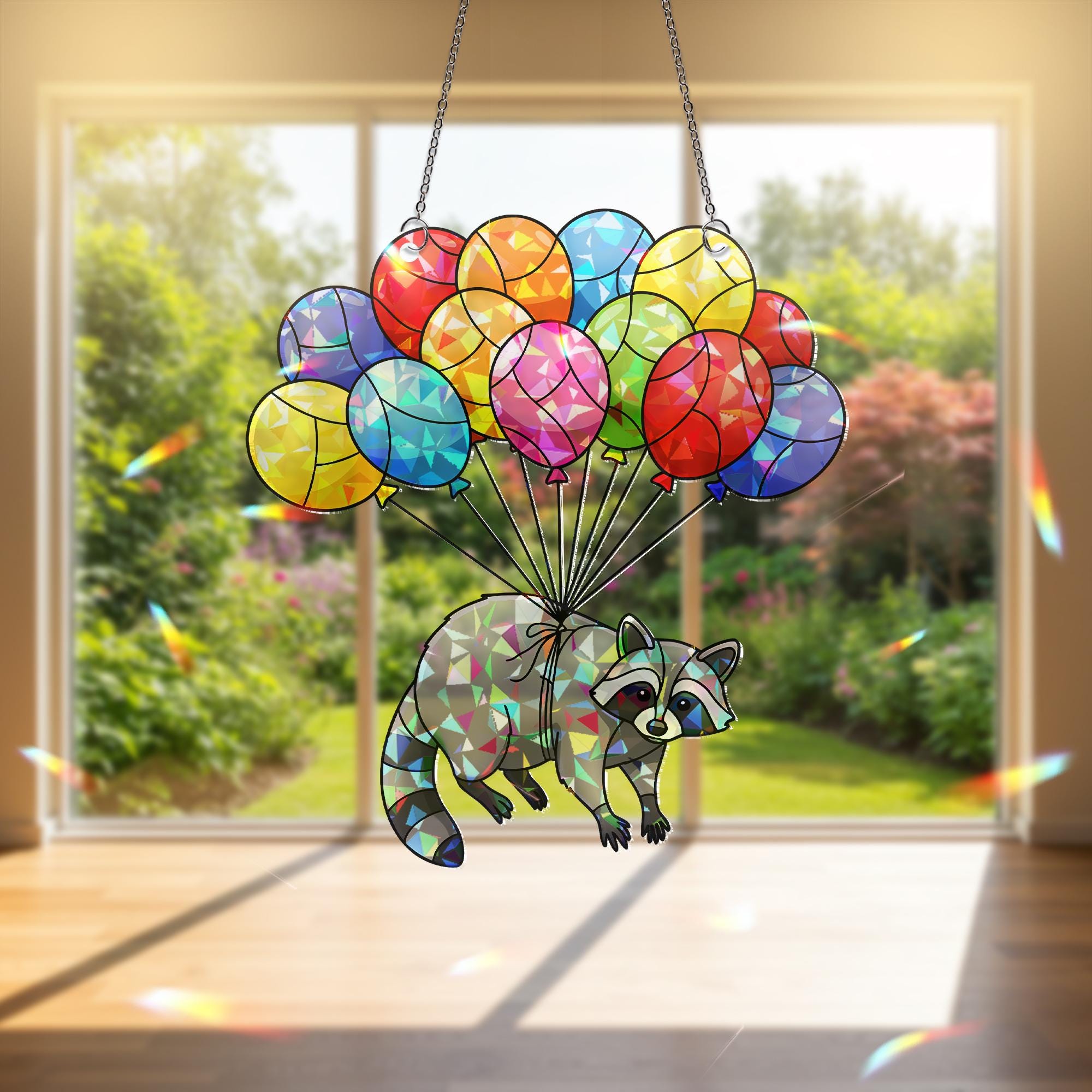 Colorful Raccoon Balloon Suncatcher, Holographic Acrylic Window Hanging, Stained Glass Look Animal Decor, Cute Raccoon Gift, Raccoon Lover