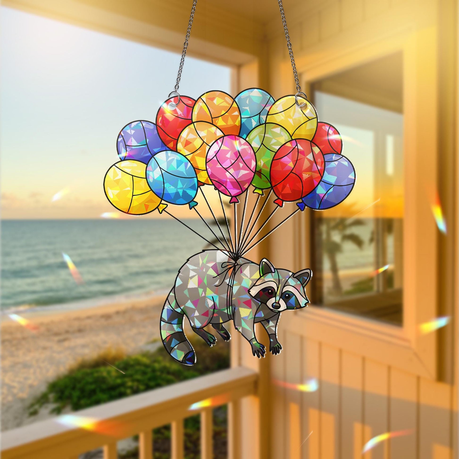 Colorful Raccoon Balloon Suncatcher, Holographic Acrylic Window Hanging, Stained Glass Look Animal Decor, Cute Raccoon Gift, Raccoon Lover