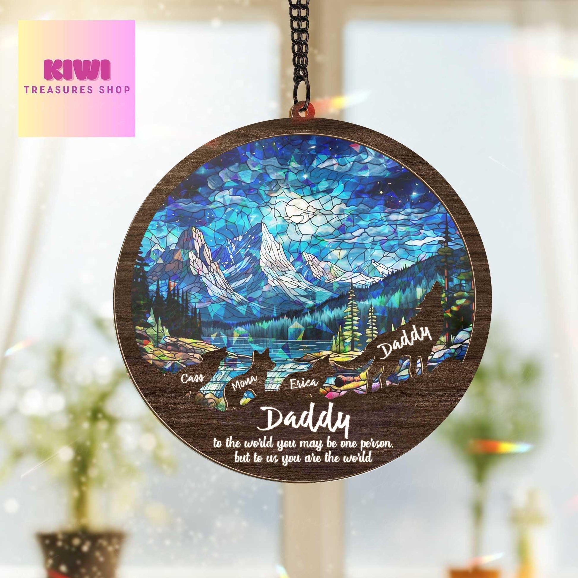 Custom Daddy Acrylic Wood Suncatcher | Holographic Mountain Scene Gift | Father's Day Personalized Hanging | “You Are the World” Quote