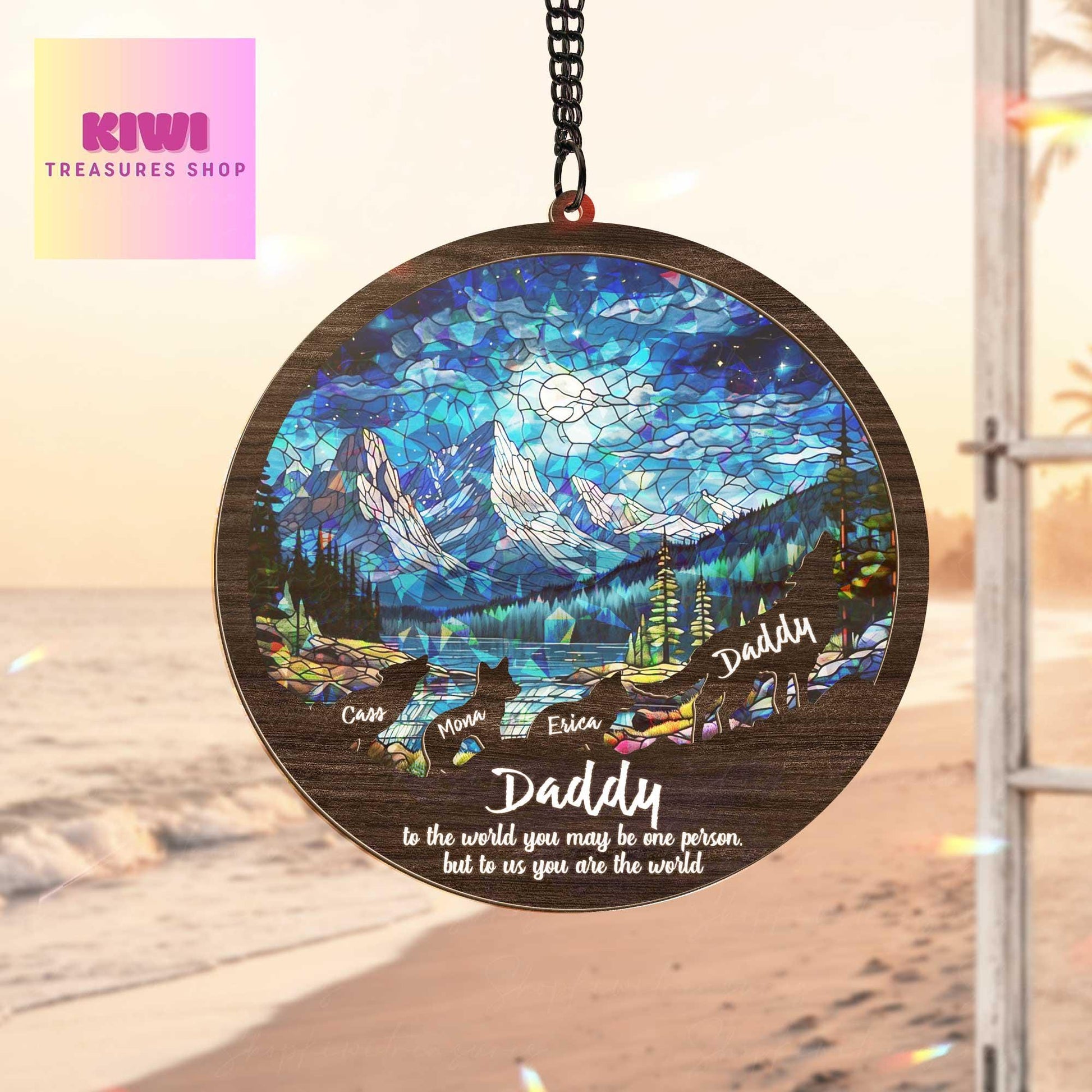 Custom Daddy Acrylic Wood Suncatcher | Holographic Mountain Scene Gift | Father's Day Personalized Hanging | “You Are the World” Quote