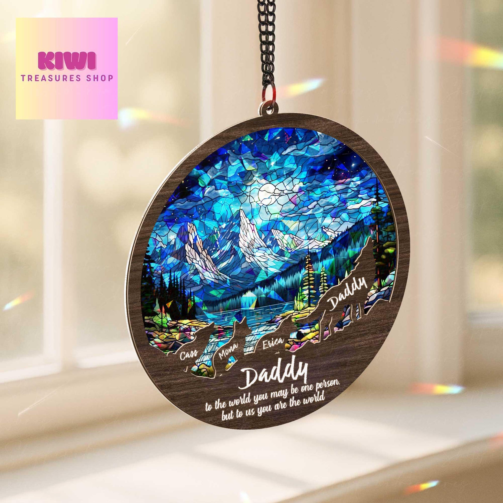 Custom Daddy Acrylic Wood Suncatcher | Holographic Mountain Scene Gift | Father's Day Personalized Hanging | “You Are the World” Quote