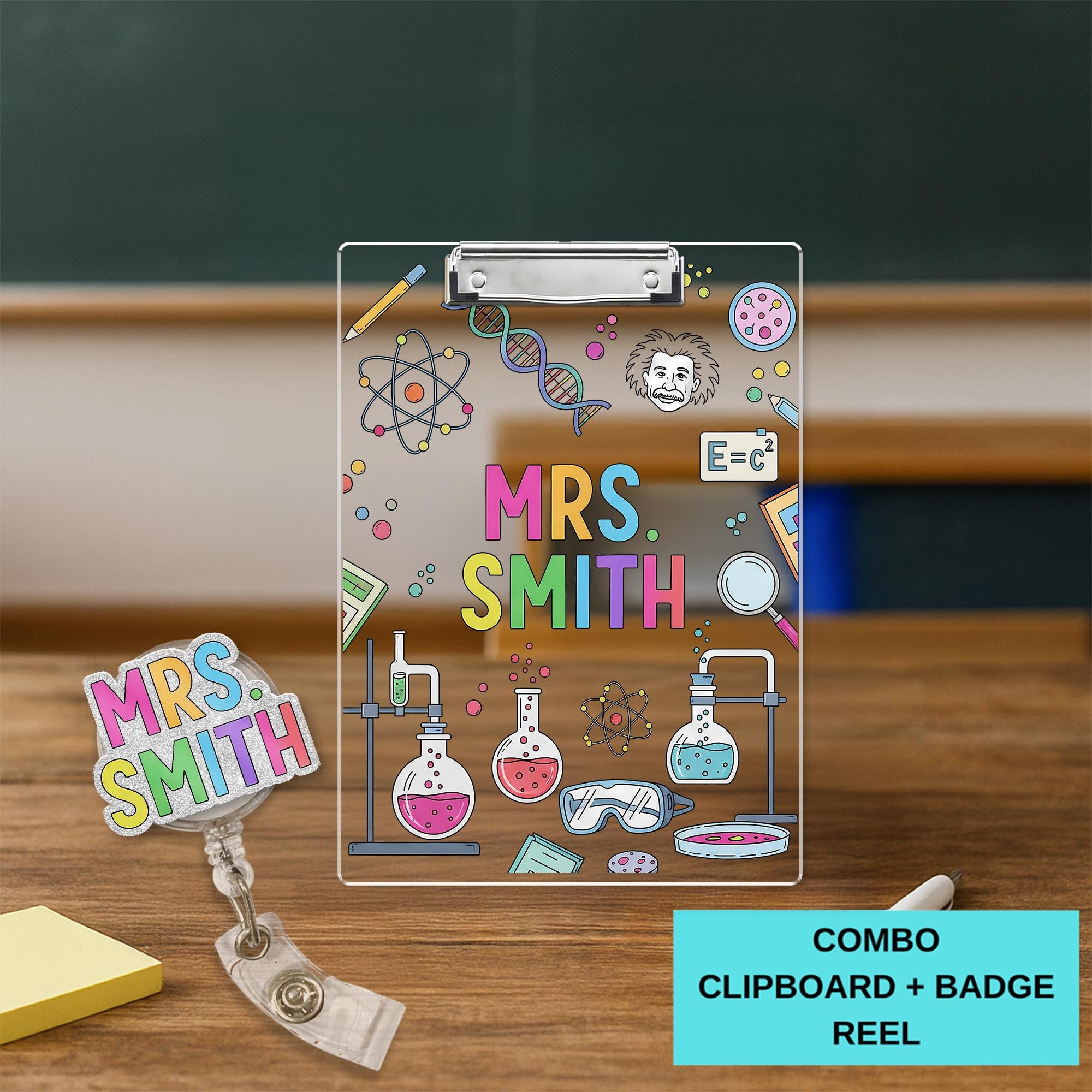 Personalized Science Teacher Clipboard, Custom Name Gift, Back to School Supplies, Cute Chemistry Lab Design, STEM Teacher Gift