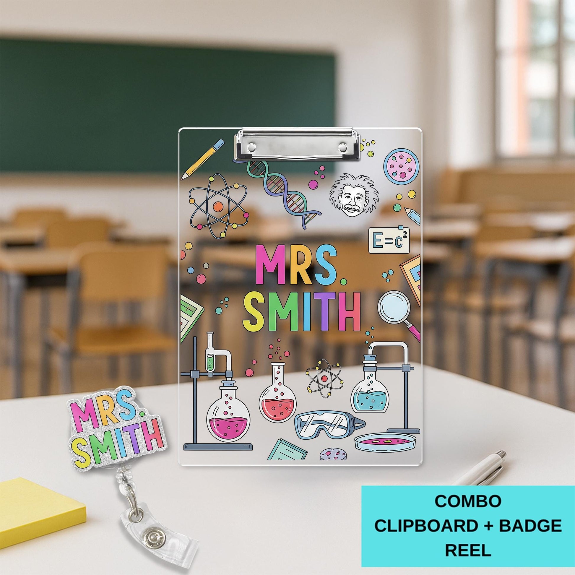 Personalized Science Teacher Clipboard, Custom Name Gift, Back to School Supplies, Cute Chemistry Lab Design, STEM Teacher Gift
