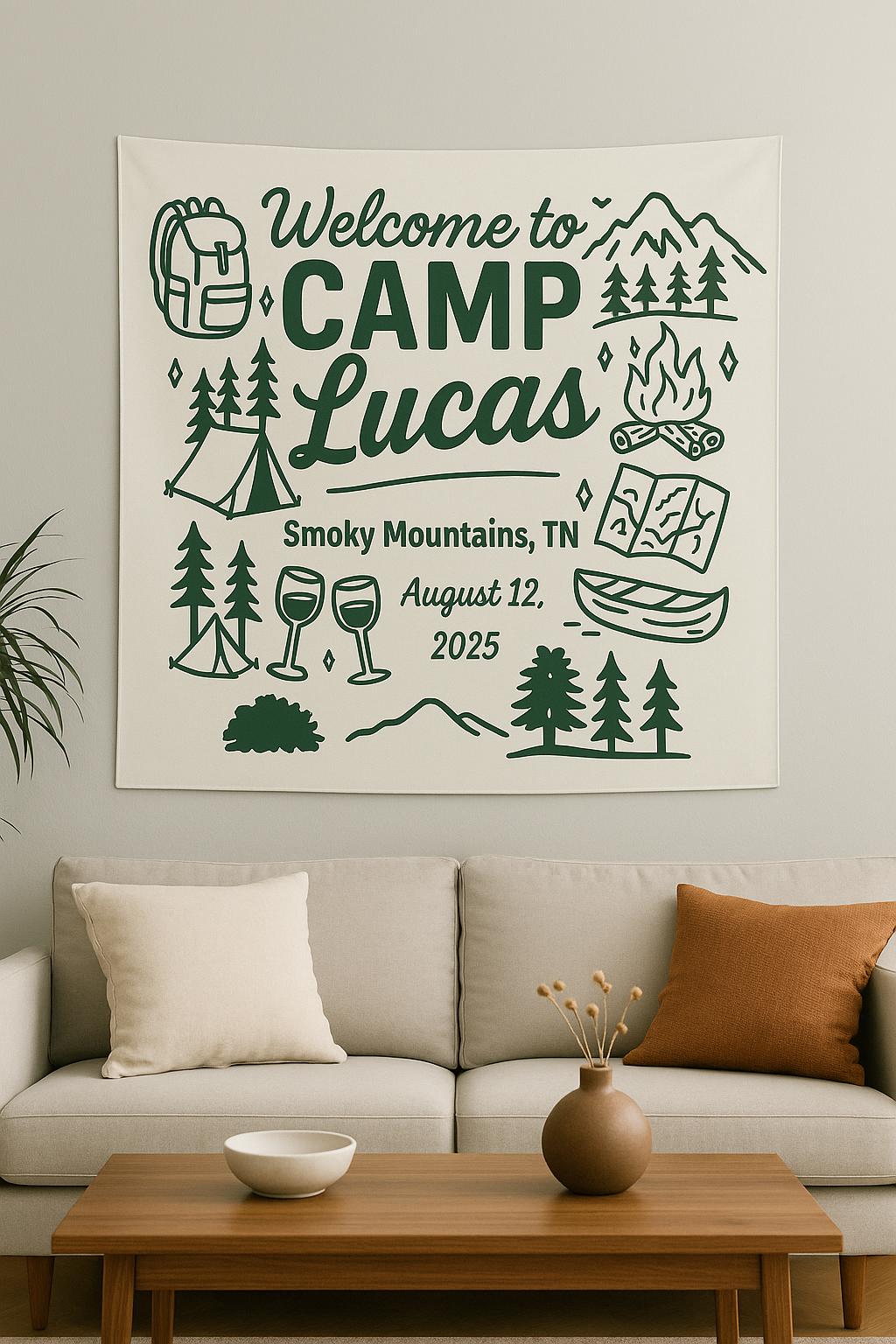 Custom Camp Bachelorette Tapestry, Welcome to Camp Banner, Glamping Bach Party Decor, Personalized Camping Trip Gift