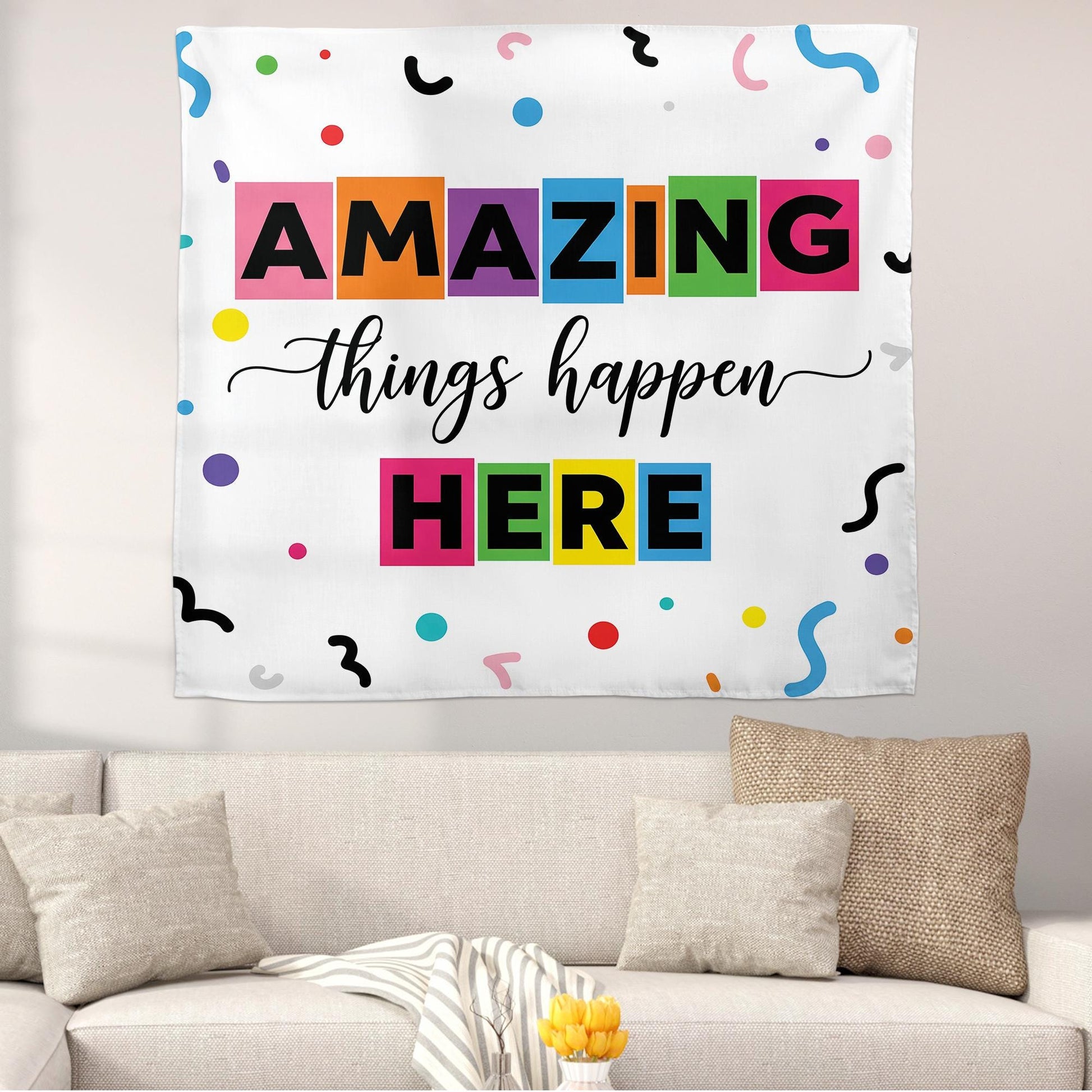 Classroom Decor, Positive Classroom Tapestry, Classroom Banner, Amazing Things Happen Here, Teacher Appreciation Gifts, Motivational Theme