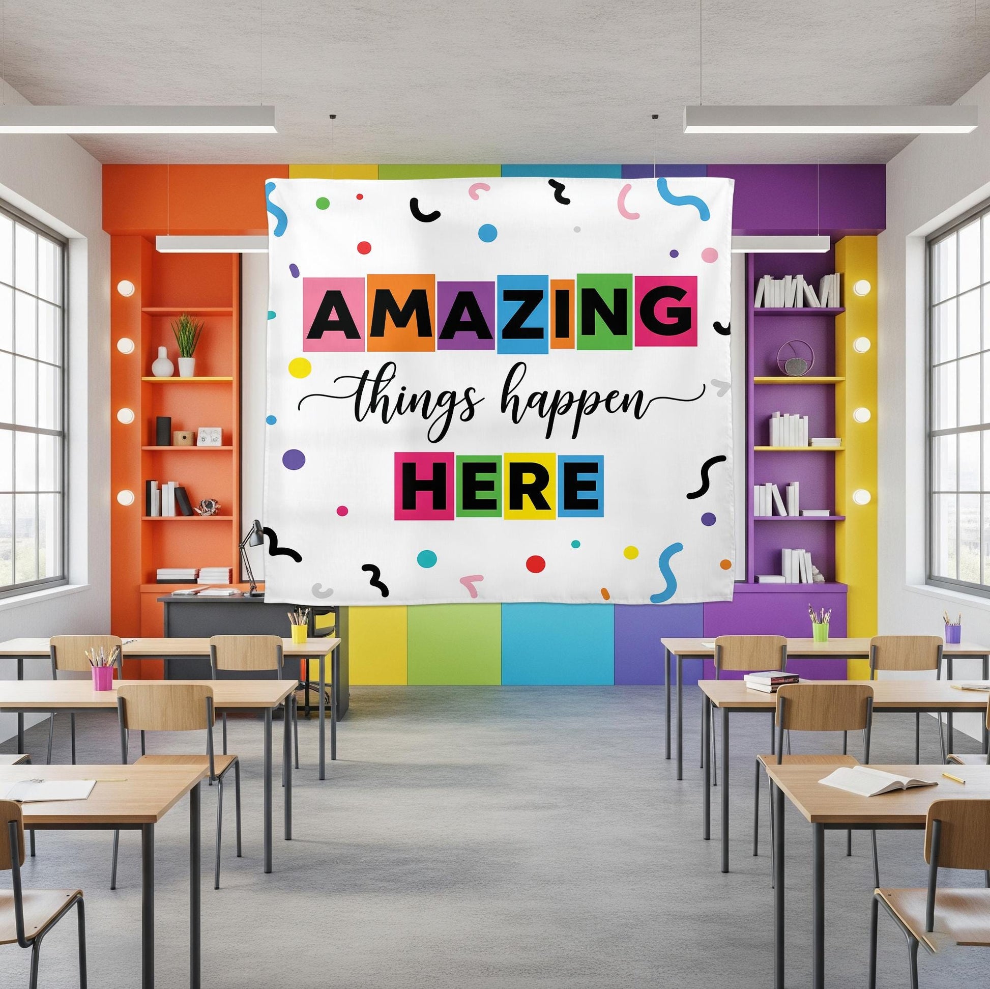 Classroom Decor, Positive Classroom Tapestry, Classroom Banner, Amazing Things Happen Here, Teacher Appreciation Gifts, Motivational Theme