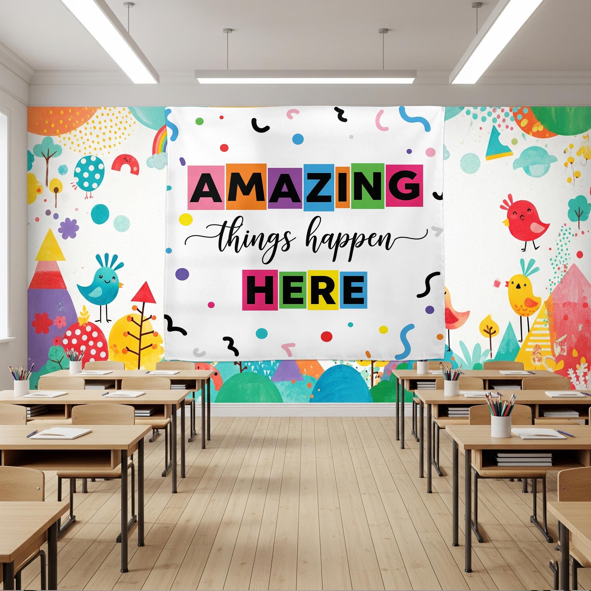 Classroom Decor, Positive Classroom Tapestry, Classroom Banner, Amazing Things Happen Here, Teacher Appreciation Gifts, Motivational Theme