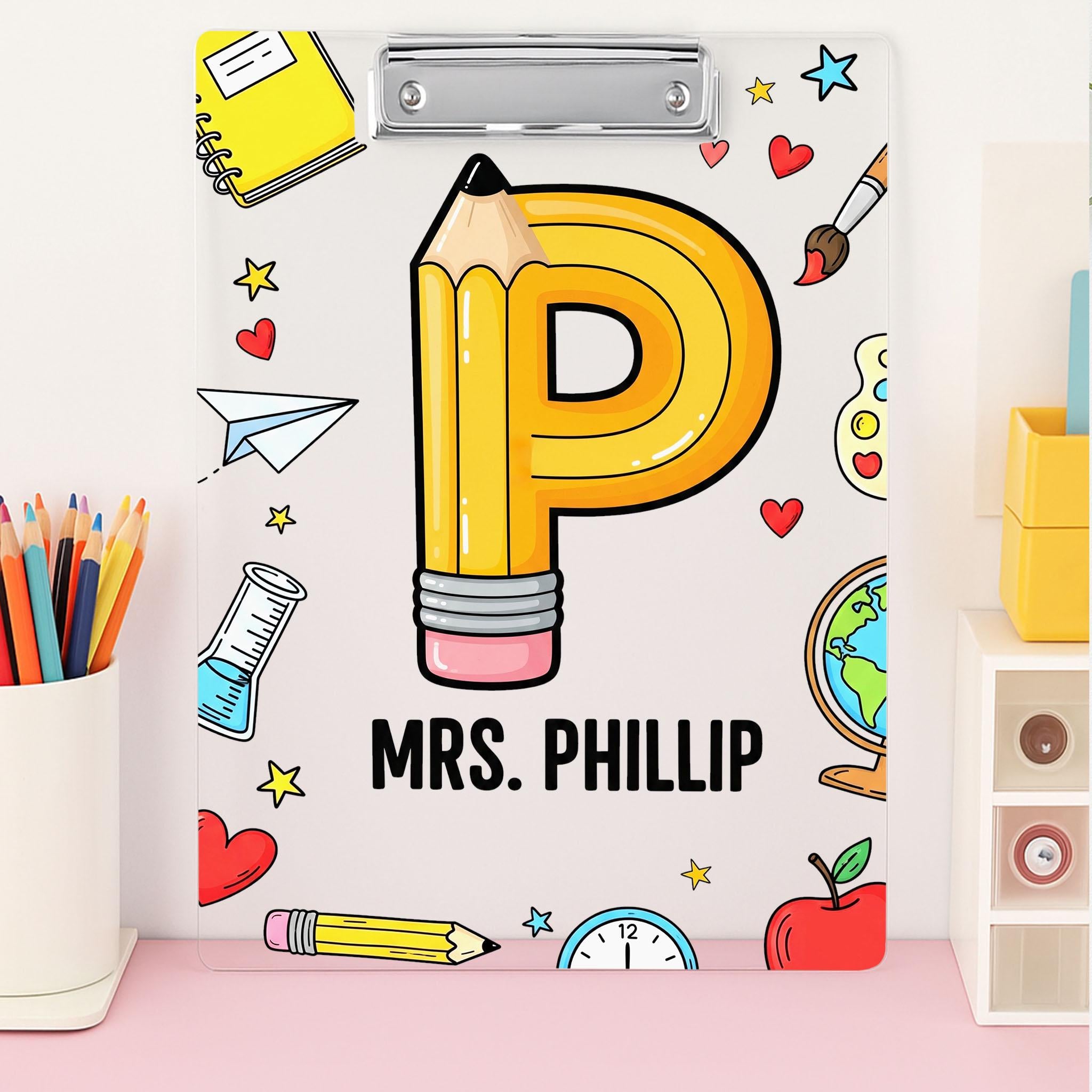 Custom Acrylic Clipboard for Teachers - Pencil Letter Design with Name, Cute Personalized Back to School Gift, Classroom Supplies