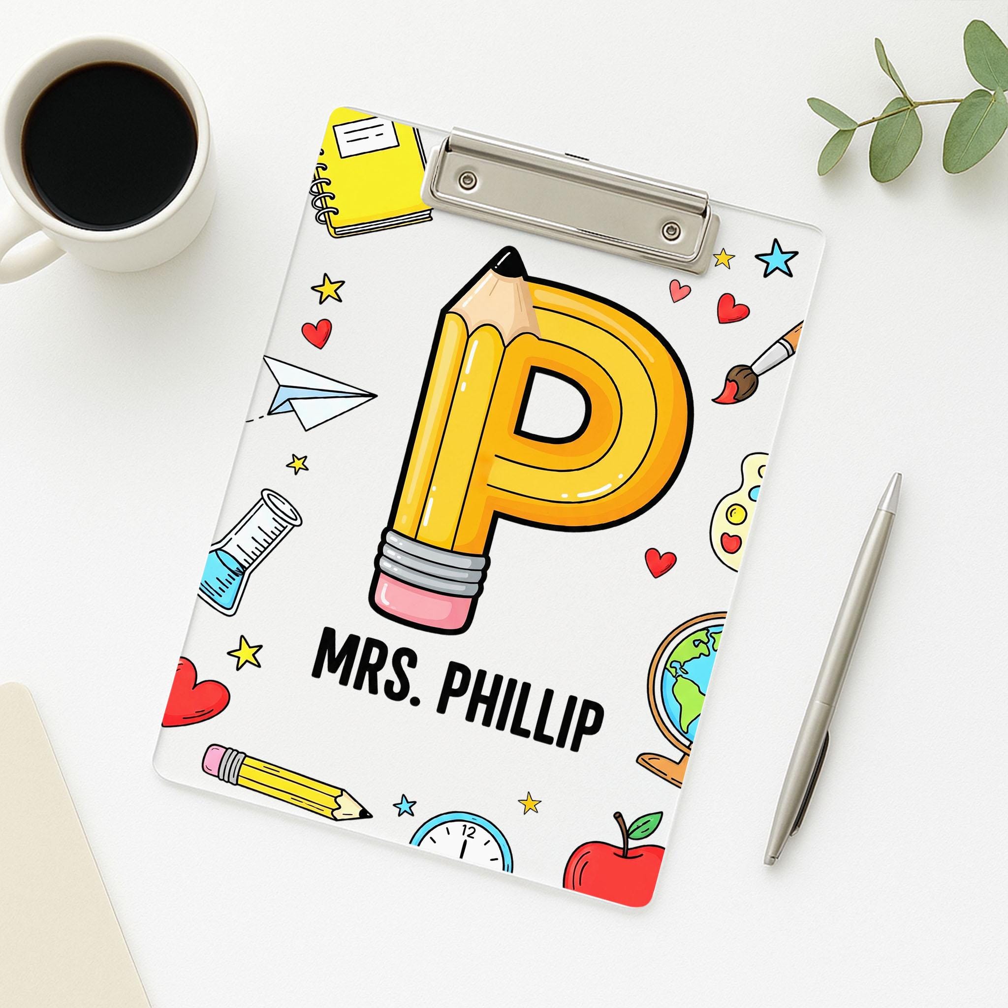 Custom Acrylic Clipboard for Teachers - Pencil Letter Design with Name, Cute Personalized Back to School Gift, Classroom Supplies
