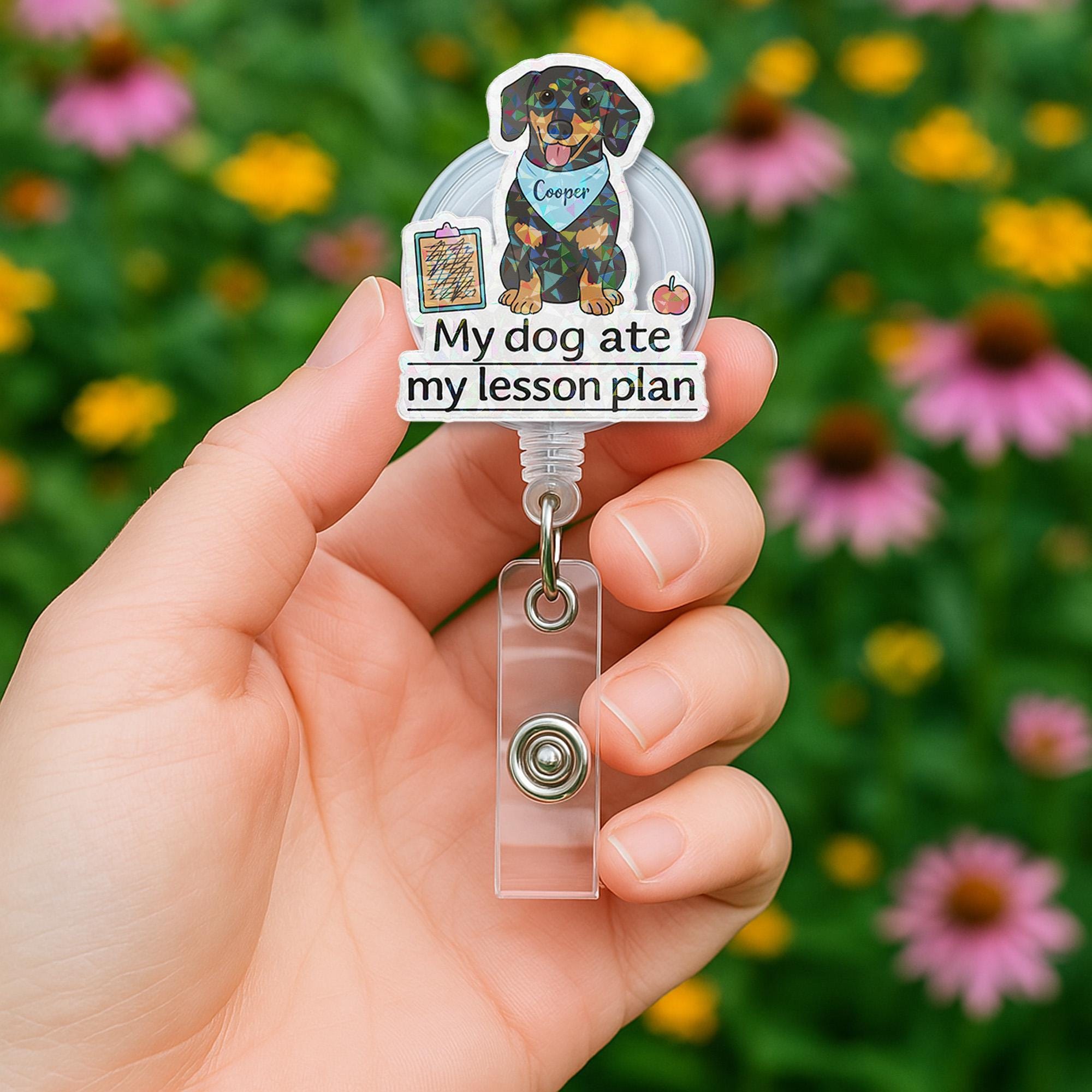 Custom Dog Teacher Badge Reel, Funny “My Dog Ate My Lesson Plan” ID Clip, Personalized Pet Gift for Educators, Cute Name Tag Holder