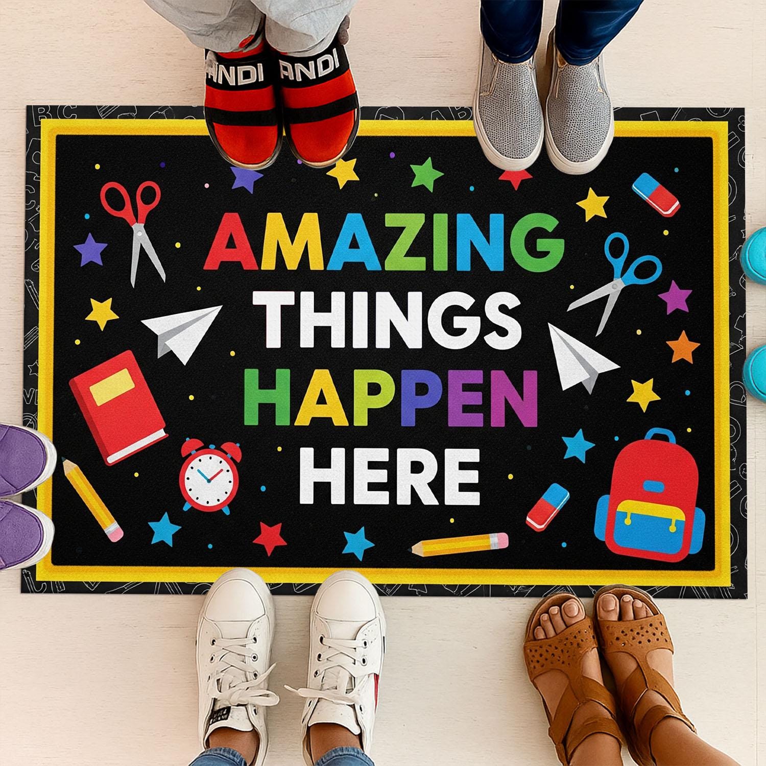 Colorful Classroom Doormat - “Amazing Things Happen Here” Rug for Teachers, Back to School Decor, Welcome Mat for School Entrance