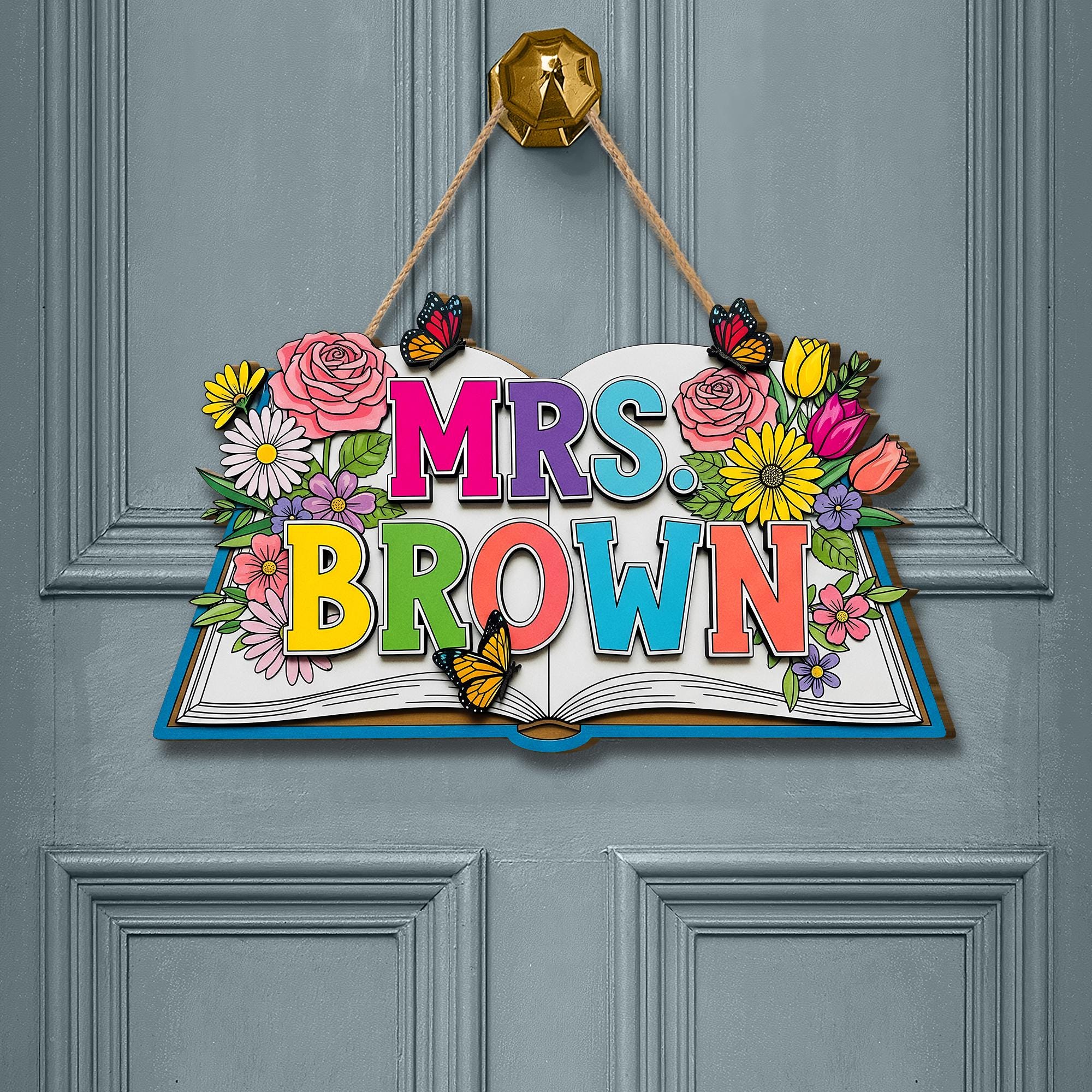 Custom 3D Teacher Door Sign, Wooden Floral Name Plaque, Personalized Classroom Decor, Back To School Decor Gift, Teacher Gift Sign