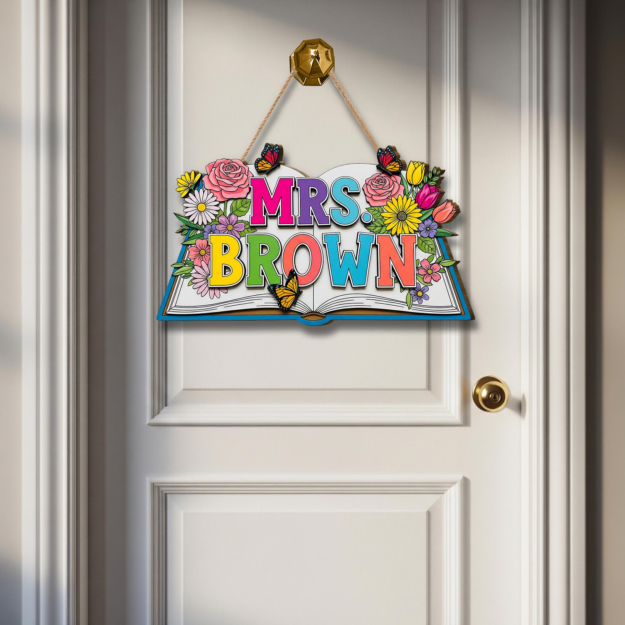 Custom 3D Teacher Door Sign, Wooden Floral Name Plaque, Personalized Classroom Decor, Back To School Decor Gift, Teacher Gift Sign
