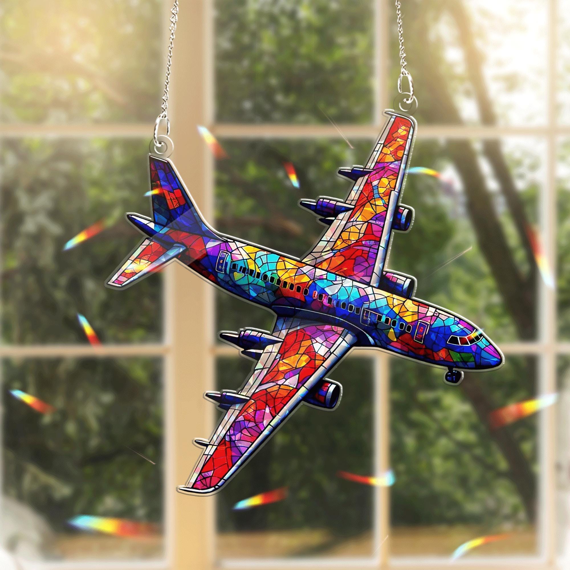 Colorful Airplane Acrylic Window Hanging – Stained Glass Style Aviation Decor, Pilot Gift, Travel Lover Home Decoration