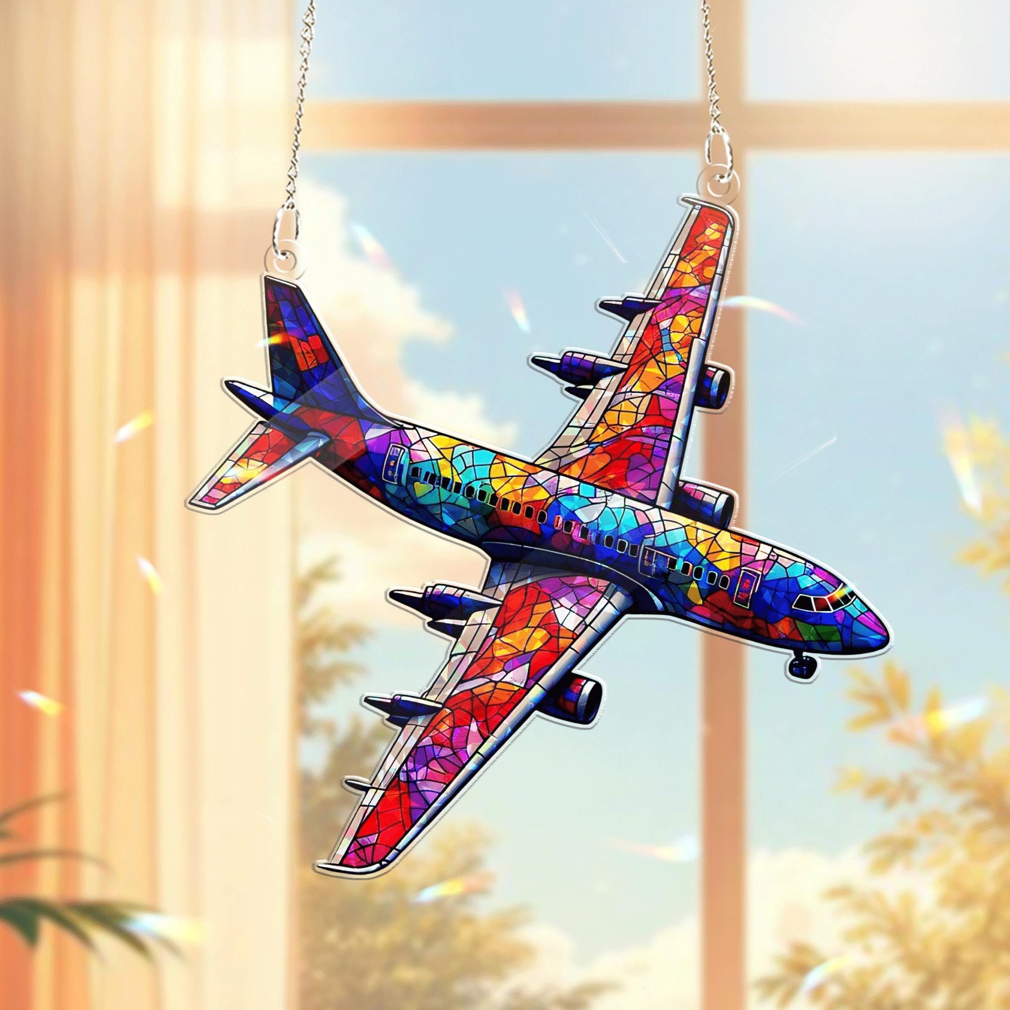 Colorful Airplane Acrylic Window Hanging – Stained Glass Style Aviation Decor, Pilot Gift, Travel Lover Home Decoration
